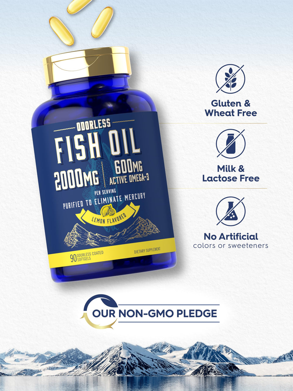Non-GMO and gluten-free Carlyle Fish Oil packaging appeals to dietary preferences.