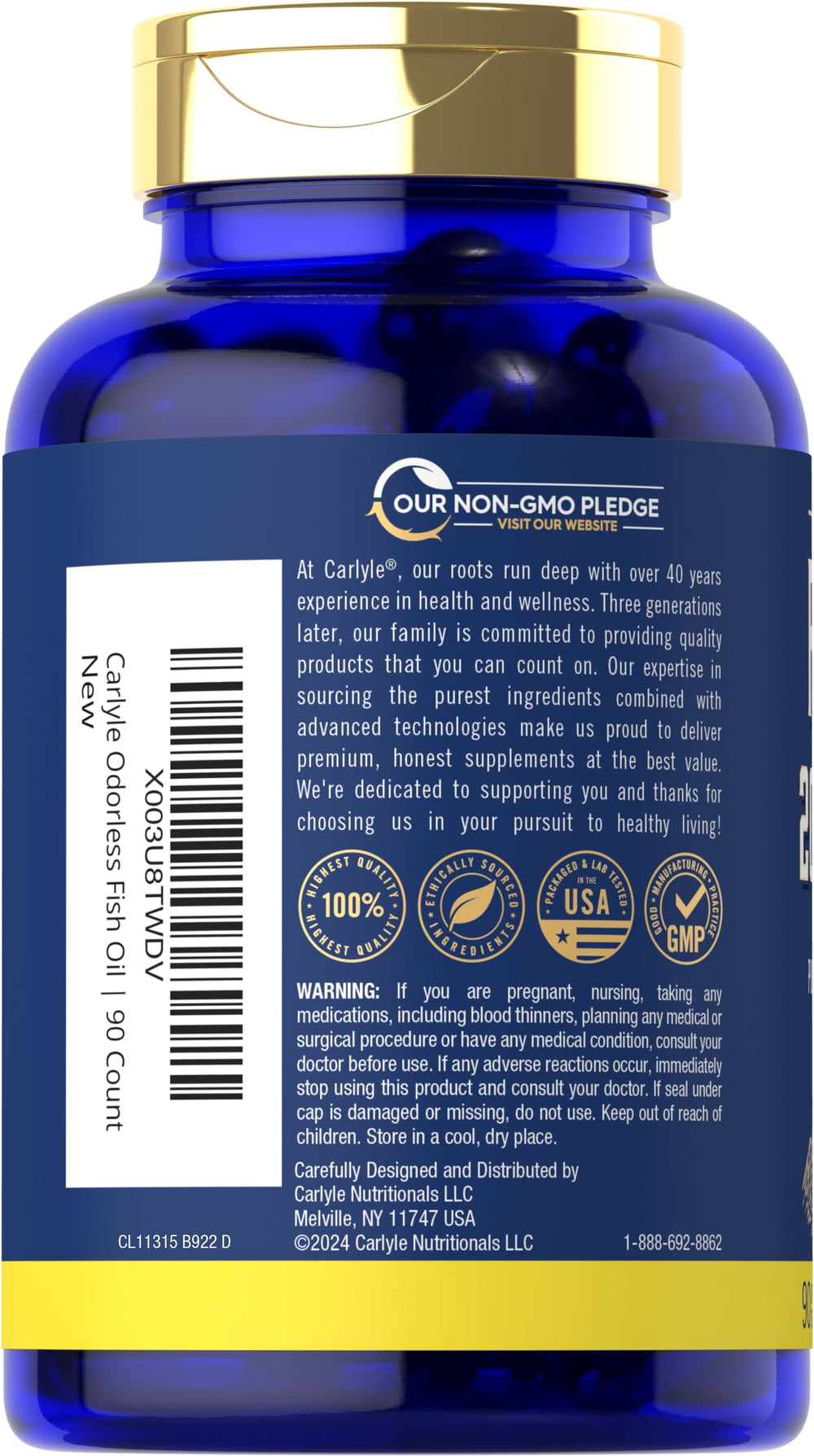 Pouring Carlyle Fish Oil softgels from the bottle shows easy, mess-free daily intake.