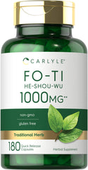 Carlyle Fo-Ti 1000mg bottle front showing branding and gluten-free label for everyday wellness.