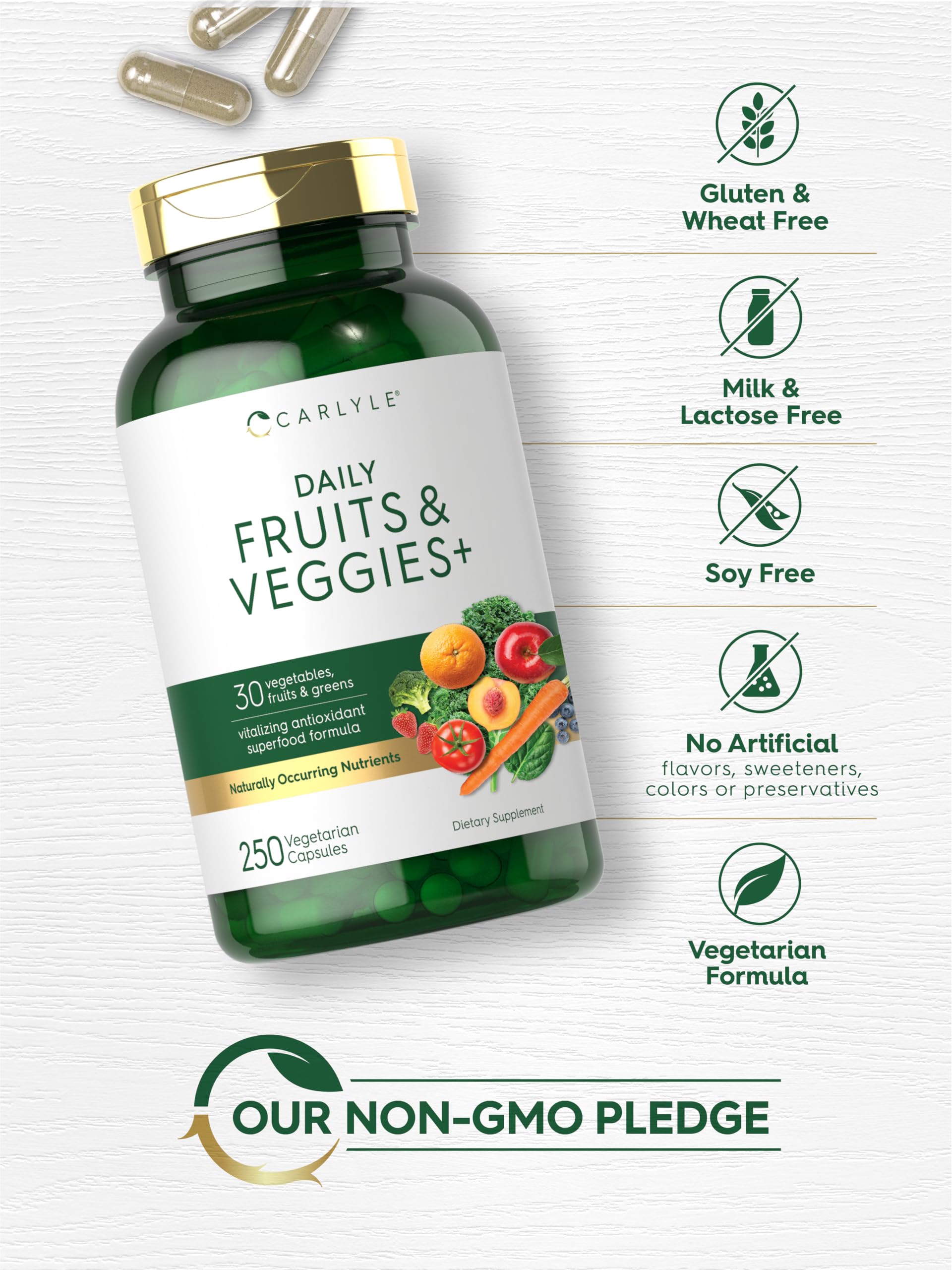 Dispensed Carlyle Fruits & Veggies capsules on a clean surface for daily wellness