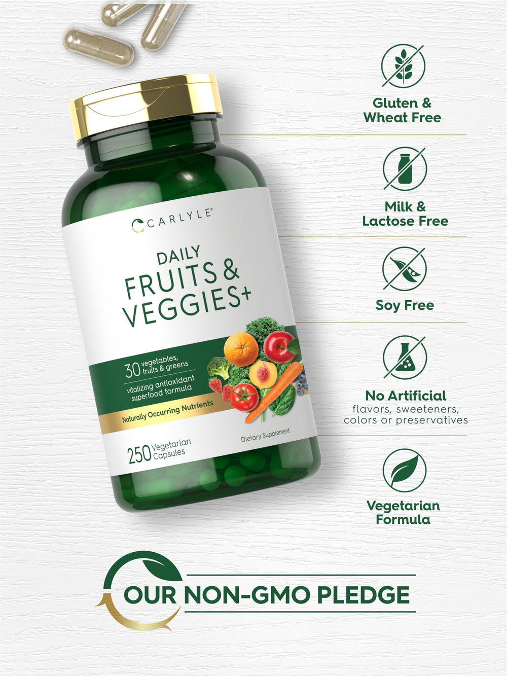 Dispensed Carlyle Fruits & Veggies capsules on a clean surface for daily wellness