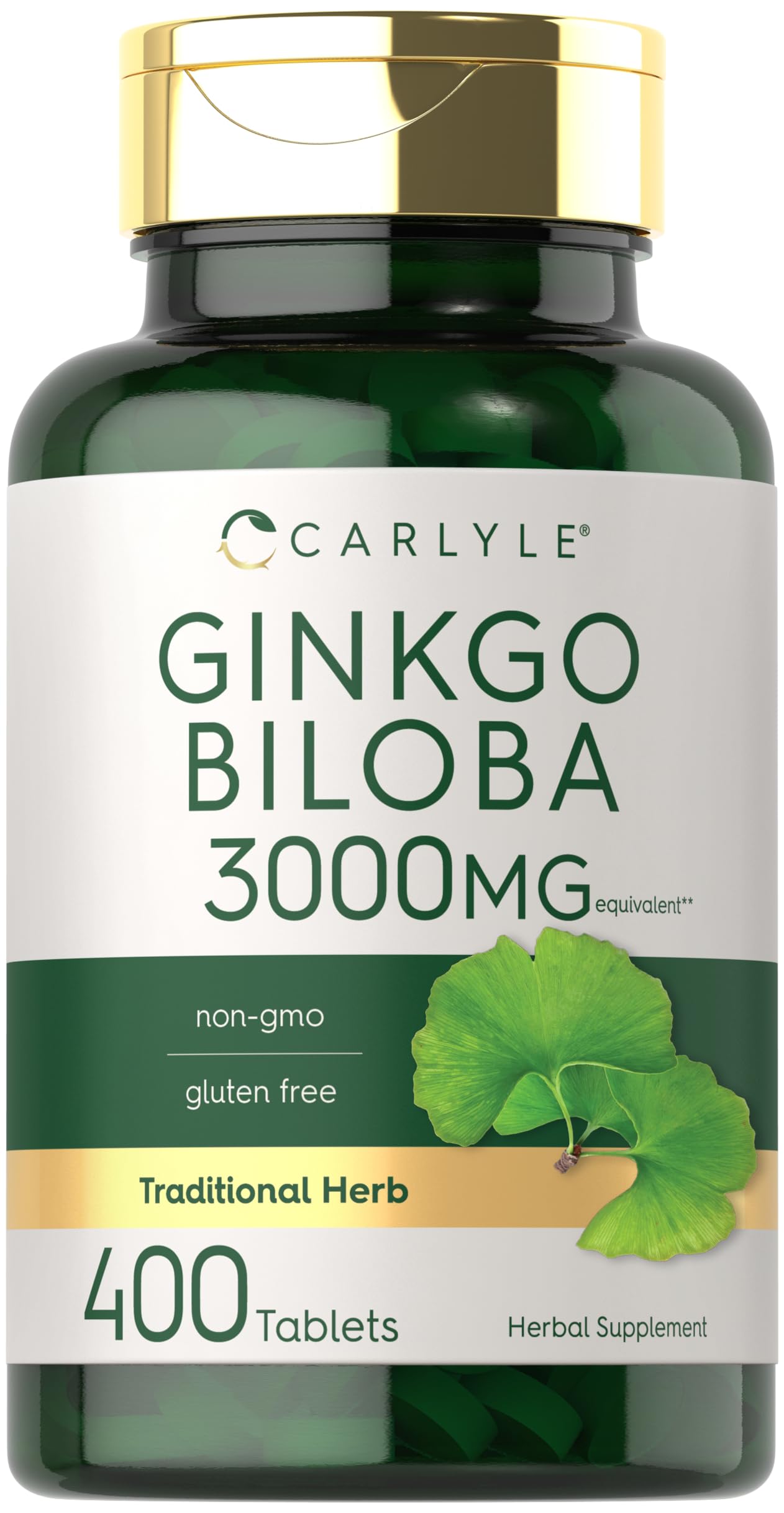 Carlyle Ginkgo Biloba 3000mg bottle front shows premium, non-GMO herbal supplement for daily wellness