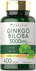 Carlyle Ginkgo Biloba 3000mg bottle front shows premium, non-GMO herbal supplement for daily wellness