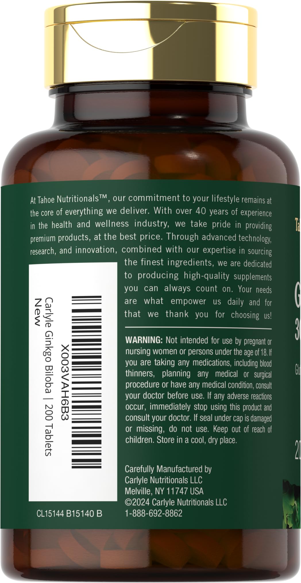 Carlyle Ginkgo Biloba label highlights non-GMO and gluten-free formula