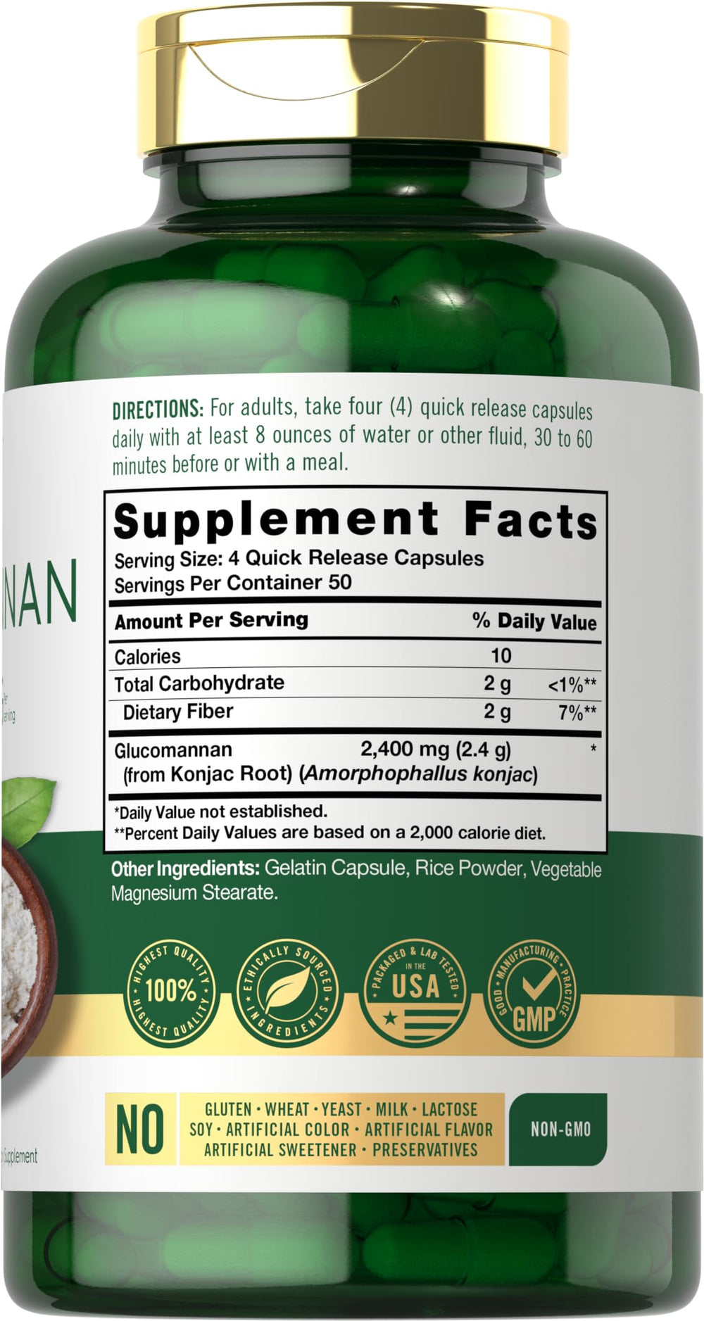 Carlyle Glucomannan capsules 200-count back showing nutrition panel and allergen-free claim
