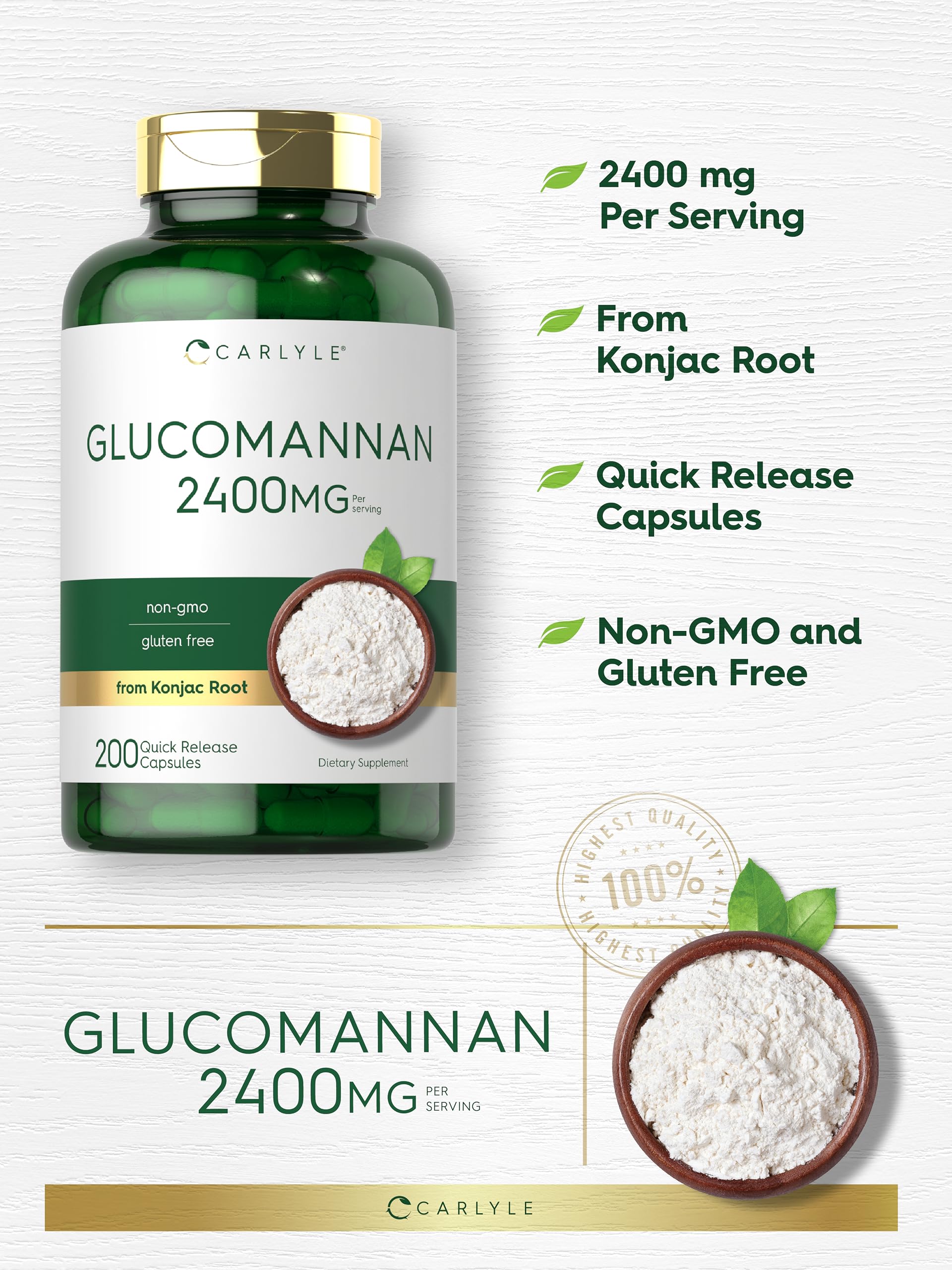 Carlyle Glucomannan gluten-free label close-up emphasizes purity and quality