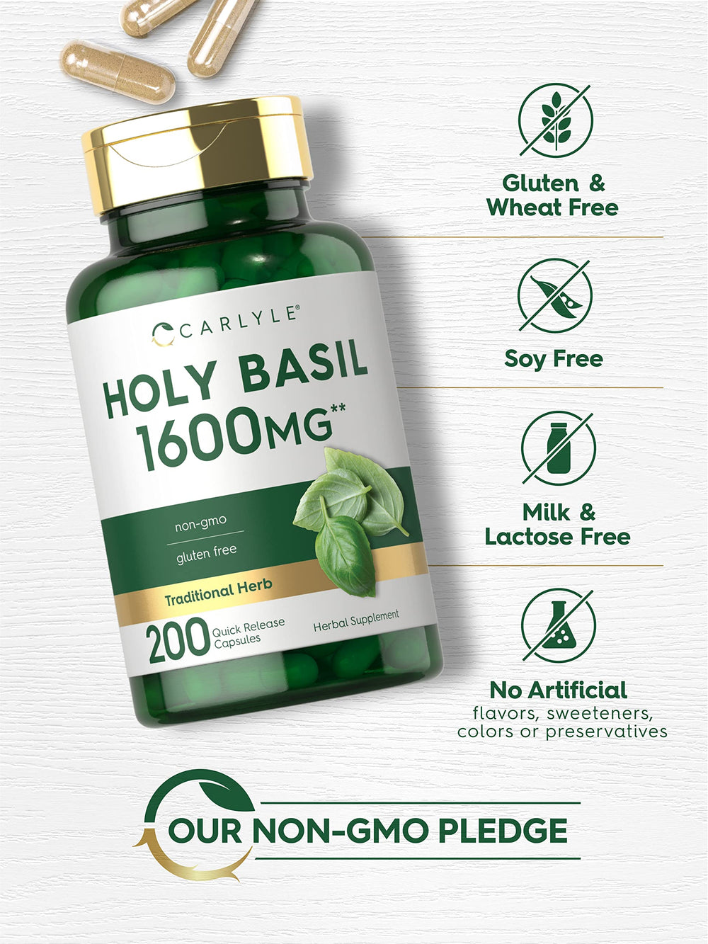 Carlyle gluten-free holy basil capsules arranged with soft focus