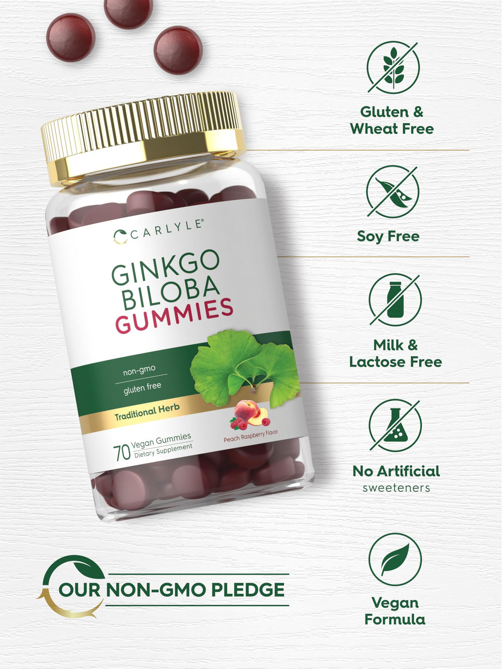 Carlyle gluten-free non-GMO label on gummy bottle