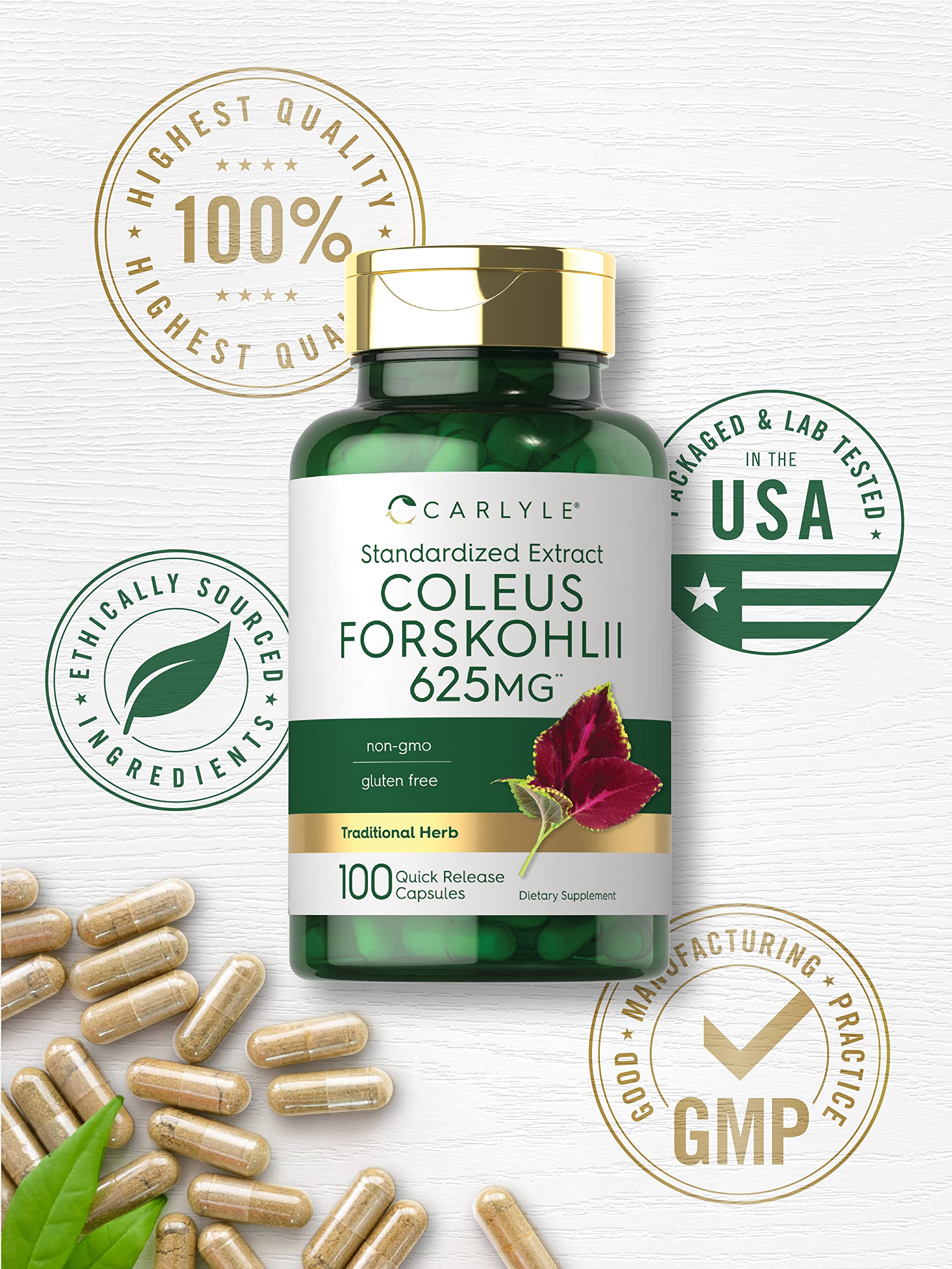 Gluten-free and non-GMO seal on Carlyle Coleus Forskohlii packaging