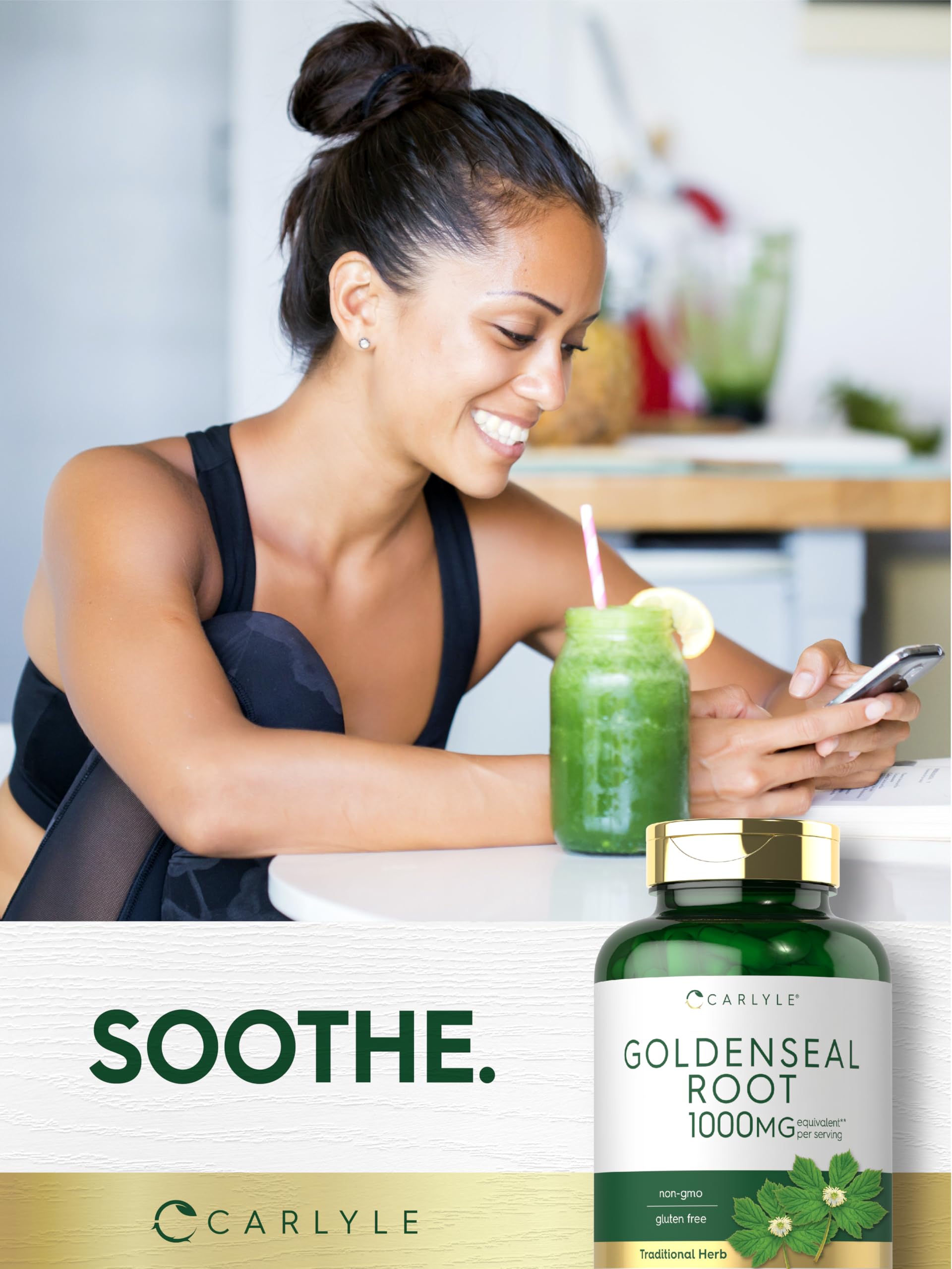 Carlyle Goldenseal bottle with cap removed shows easy-to-swallow capsules.