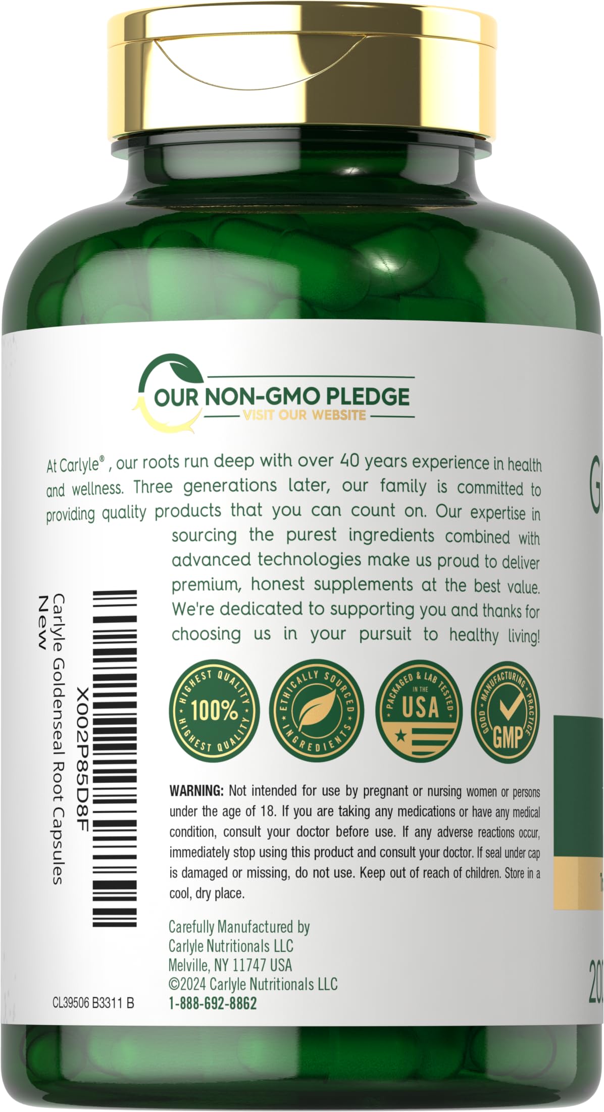 Carlyle Goldenseal label detail confirms Non-GMO and gluten-free status.