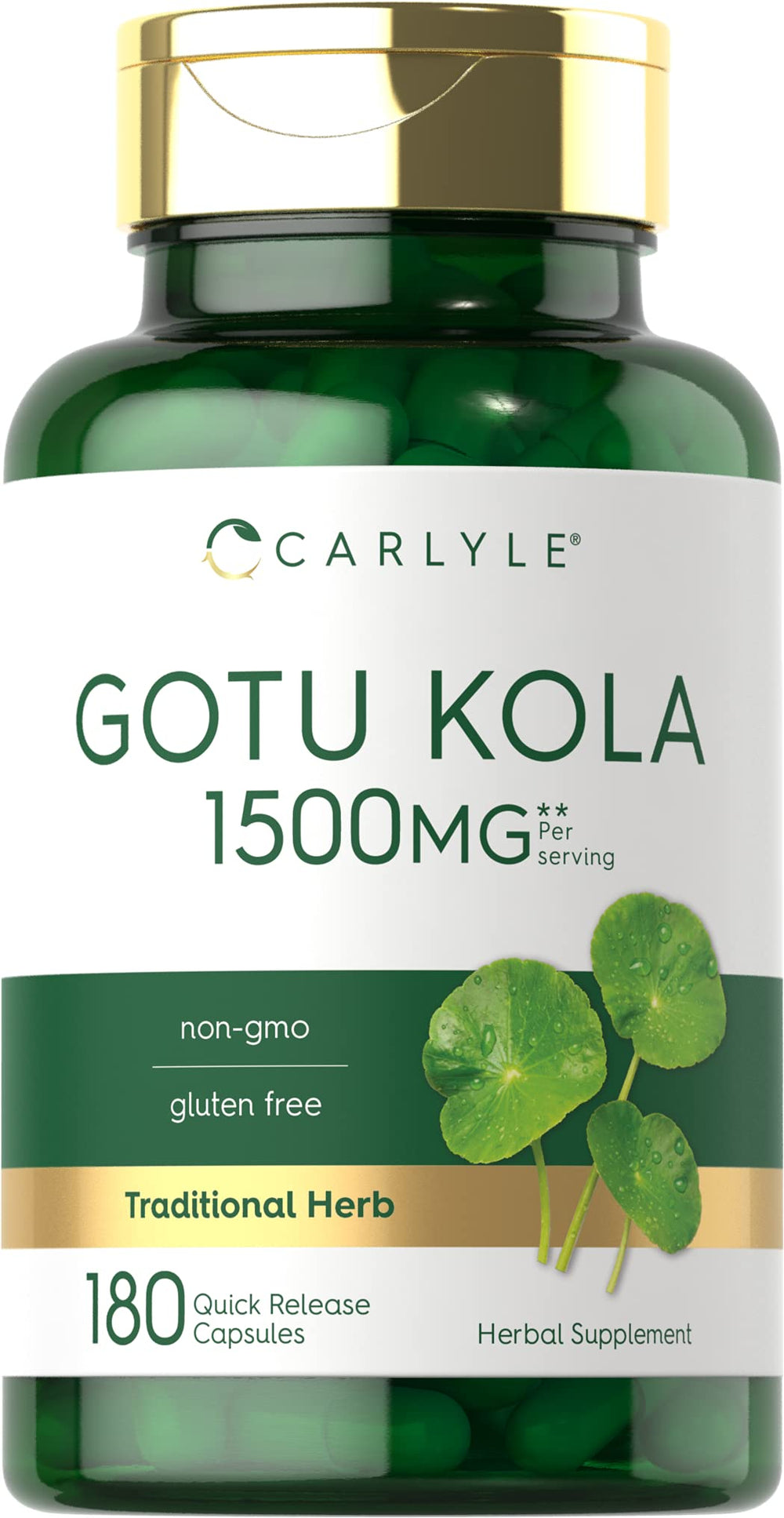 Carlyle Gotu Kola capsules bottle front shows 180-count gluten-free, non-GMO formula.
