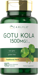 Carlyle Gotu Kola capsules bottle front shows 180-count gluten-free, non-GMO formula.