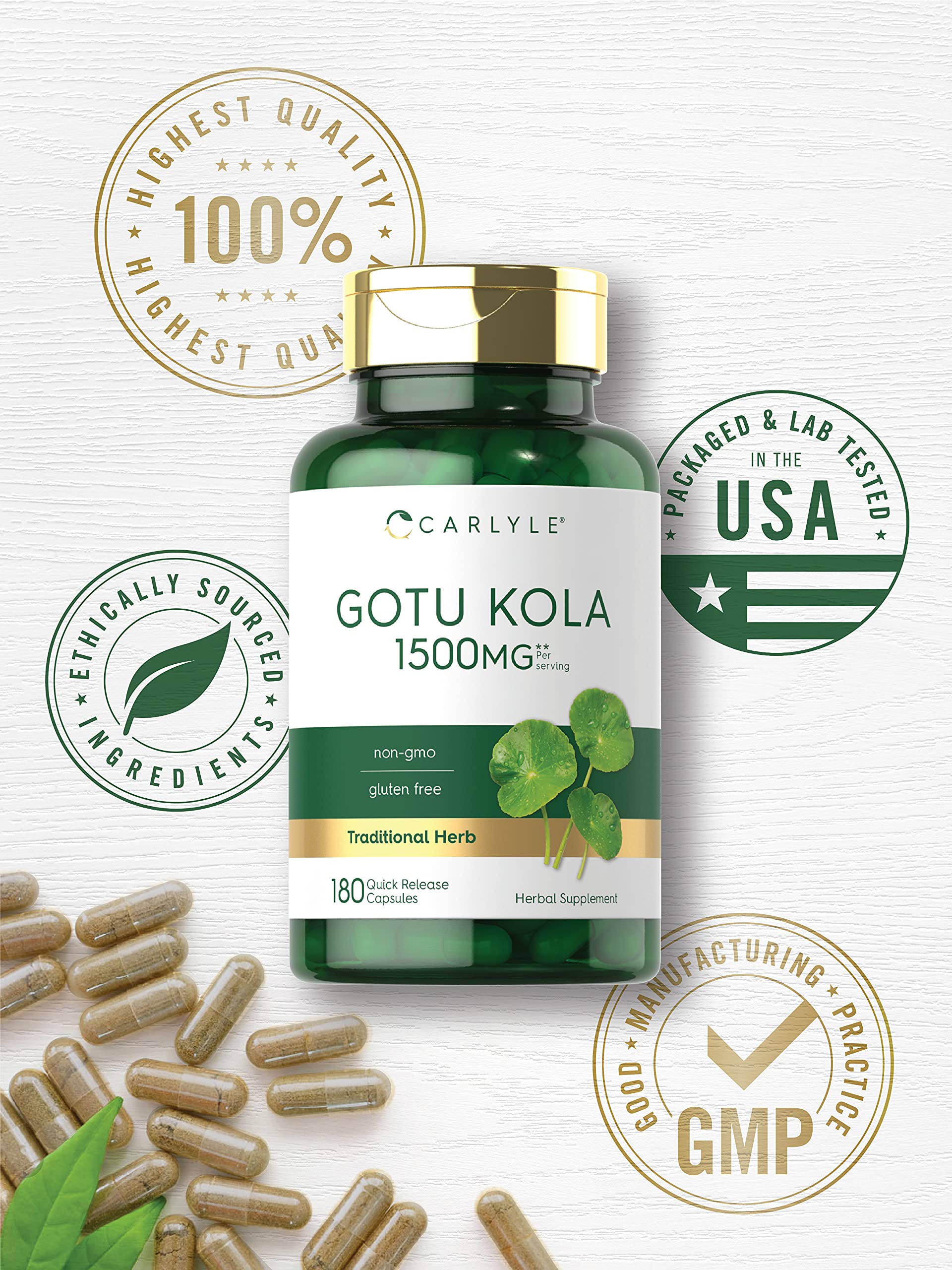 Carlyle Gotu Kola capsules inside bottle demonstrate quick-release capsules for easy swallowing.