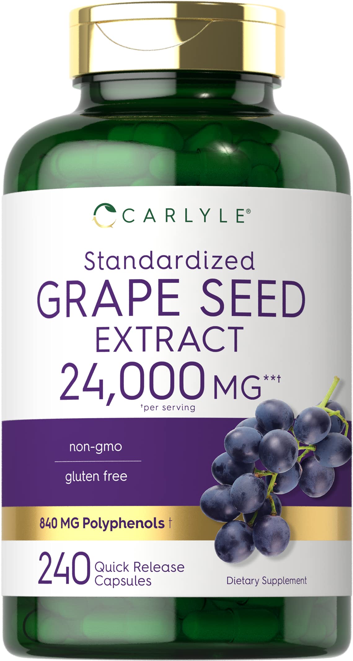 Carlyle Grape Seed Extract bottle with capsules for daily wellness.