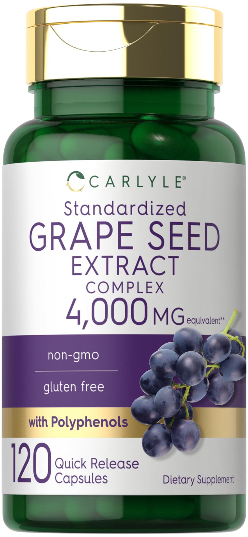 Carlyle Grape Seed Extract bottle with label highlighting premium antioxidant support