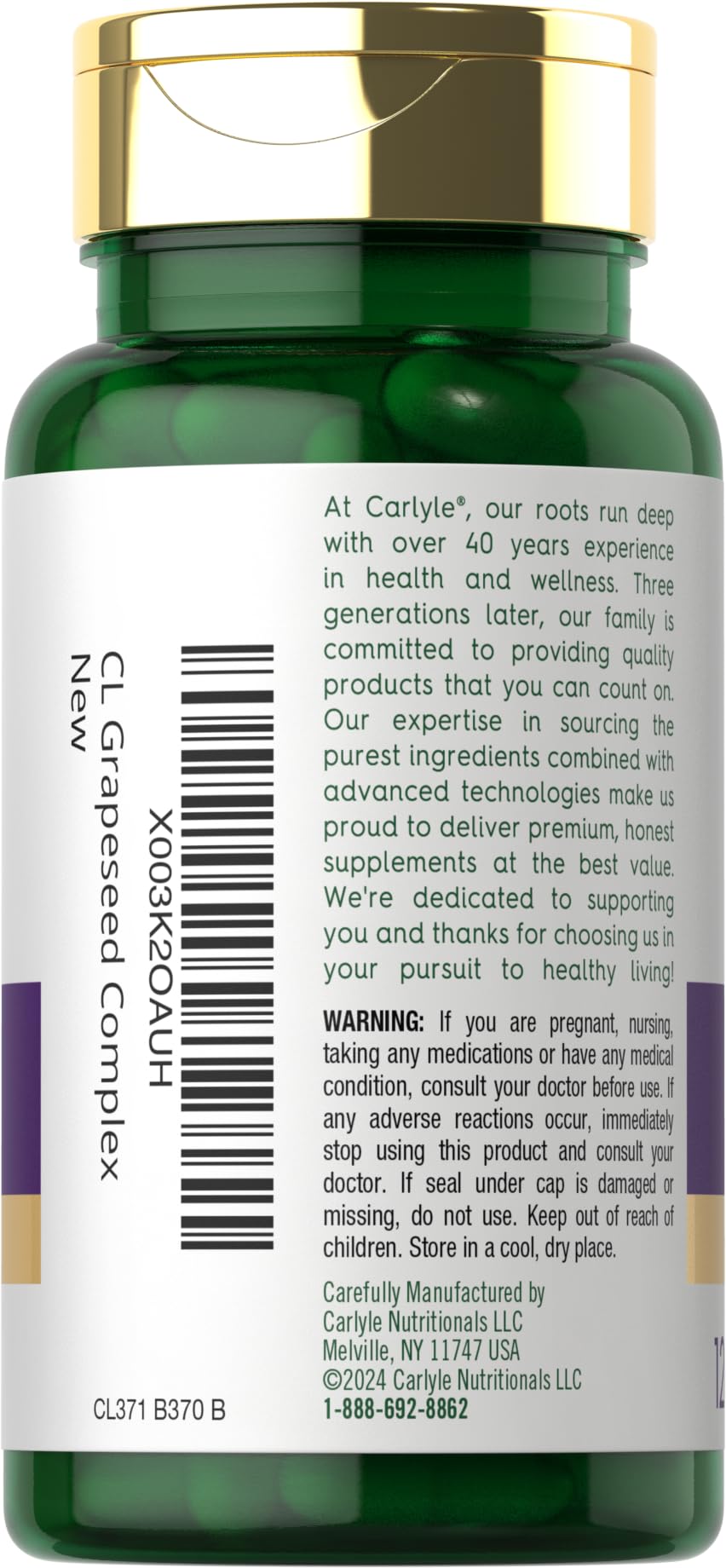 Front label of Carlyle Grape Seed Extract showing polyphenol-rich standardized extract