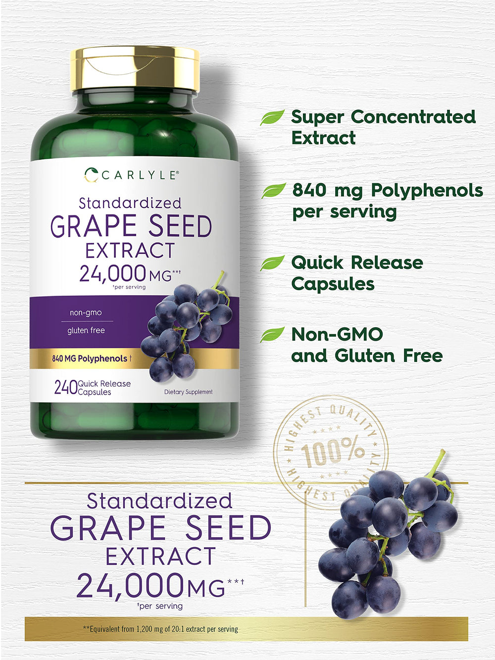 Carlyle Grape Seed Extract label close-up highlighting high potency.