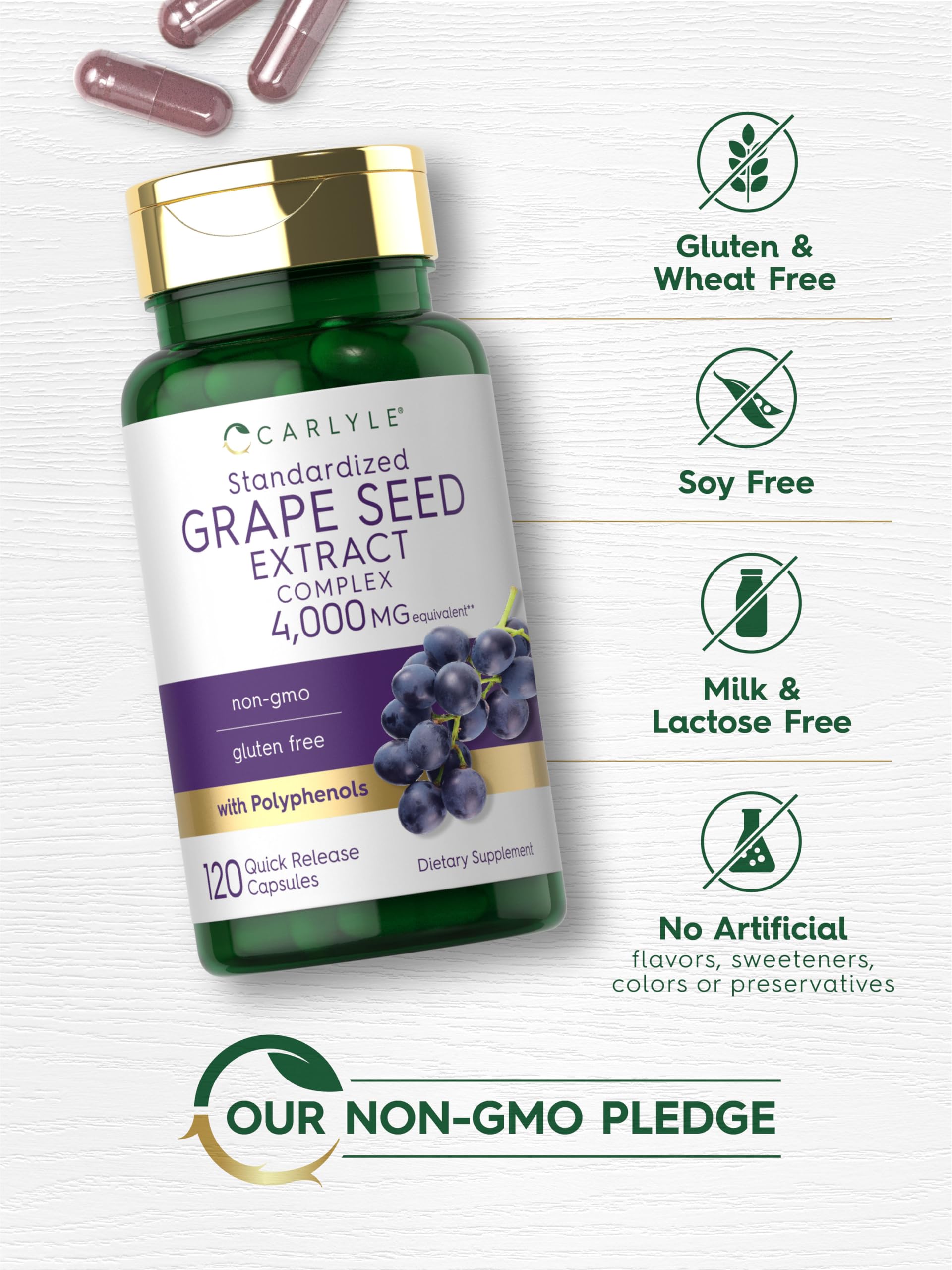 Non-GMO and gluten-free badge on Carlyle Grape Seed Extract packaging