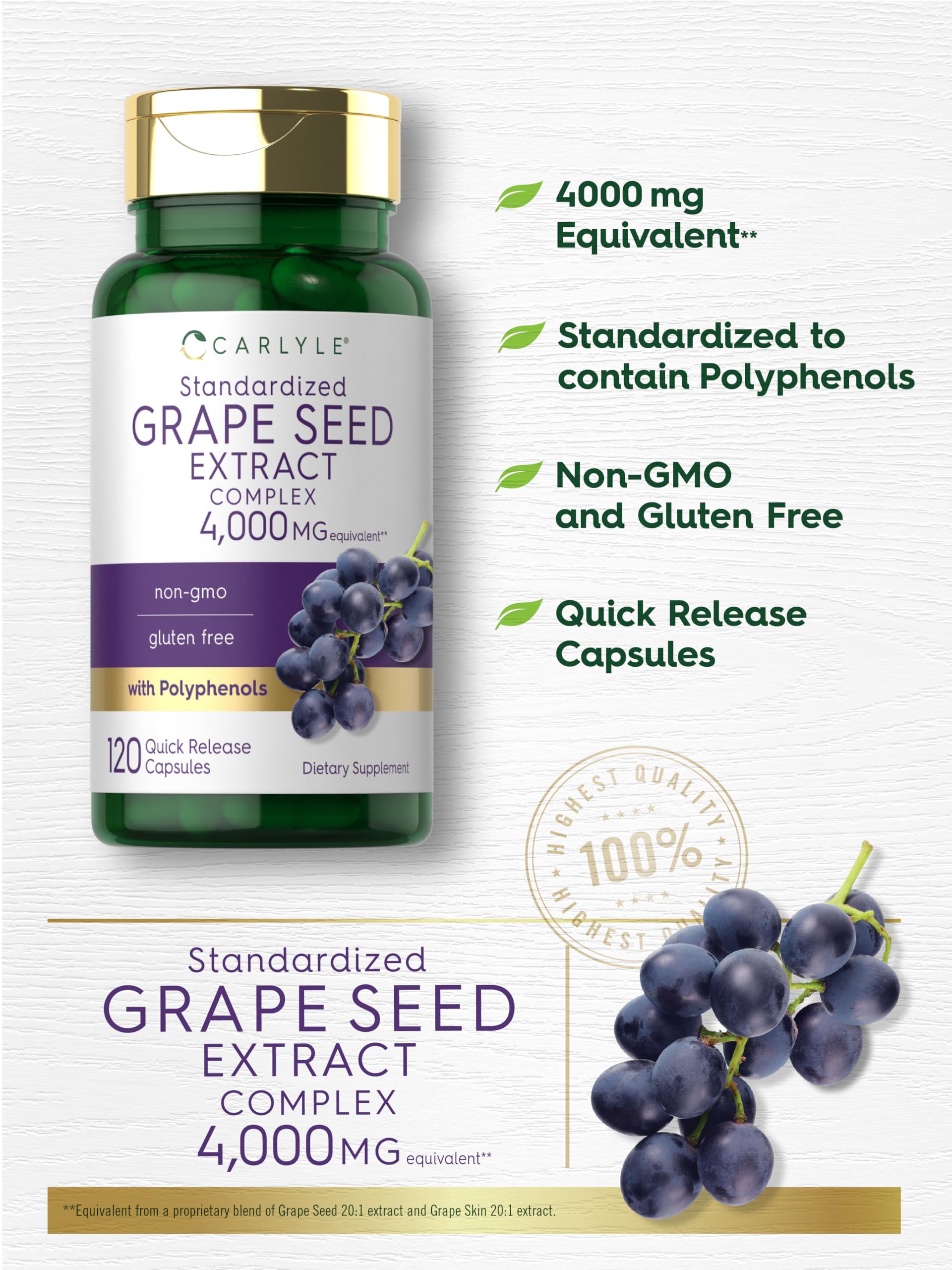 Graphic close-up highlighting standardized extract and polyphenols in Carlyle grape seed formula