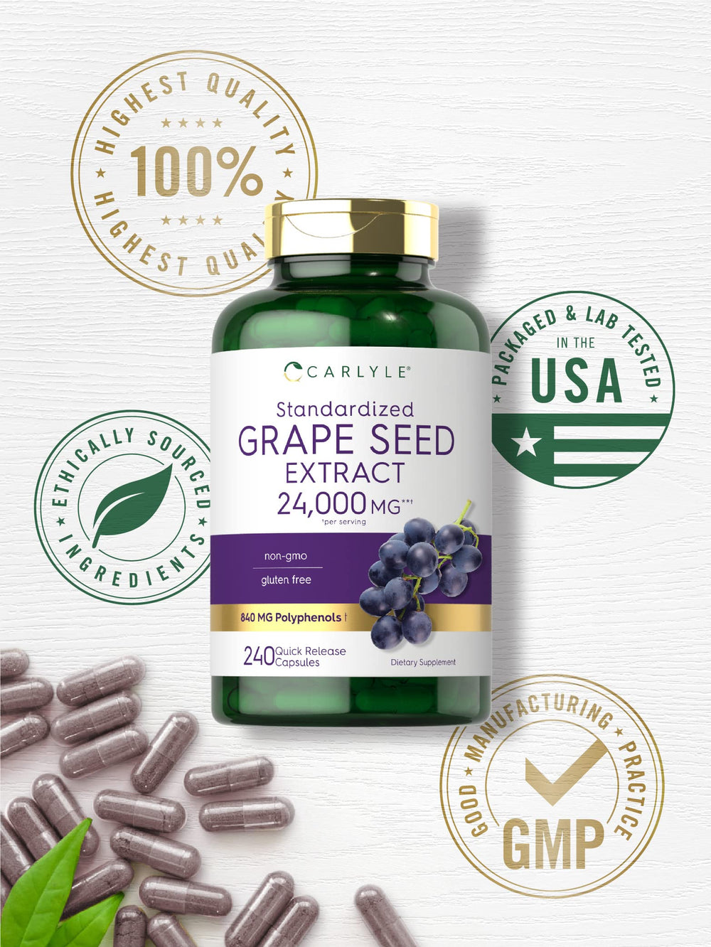 Carlyle Grape Seed Extract capsules poured from bottle for easy daily use.