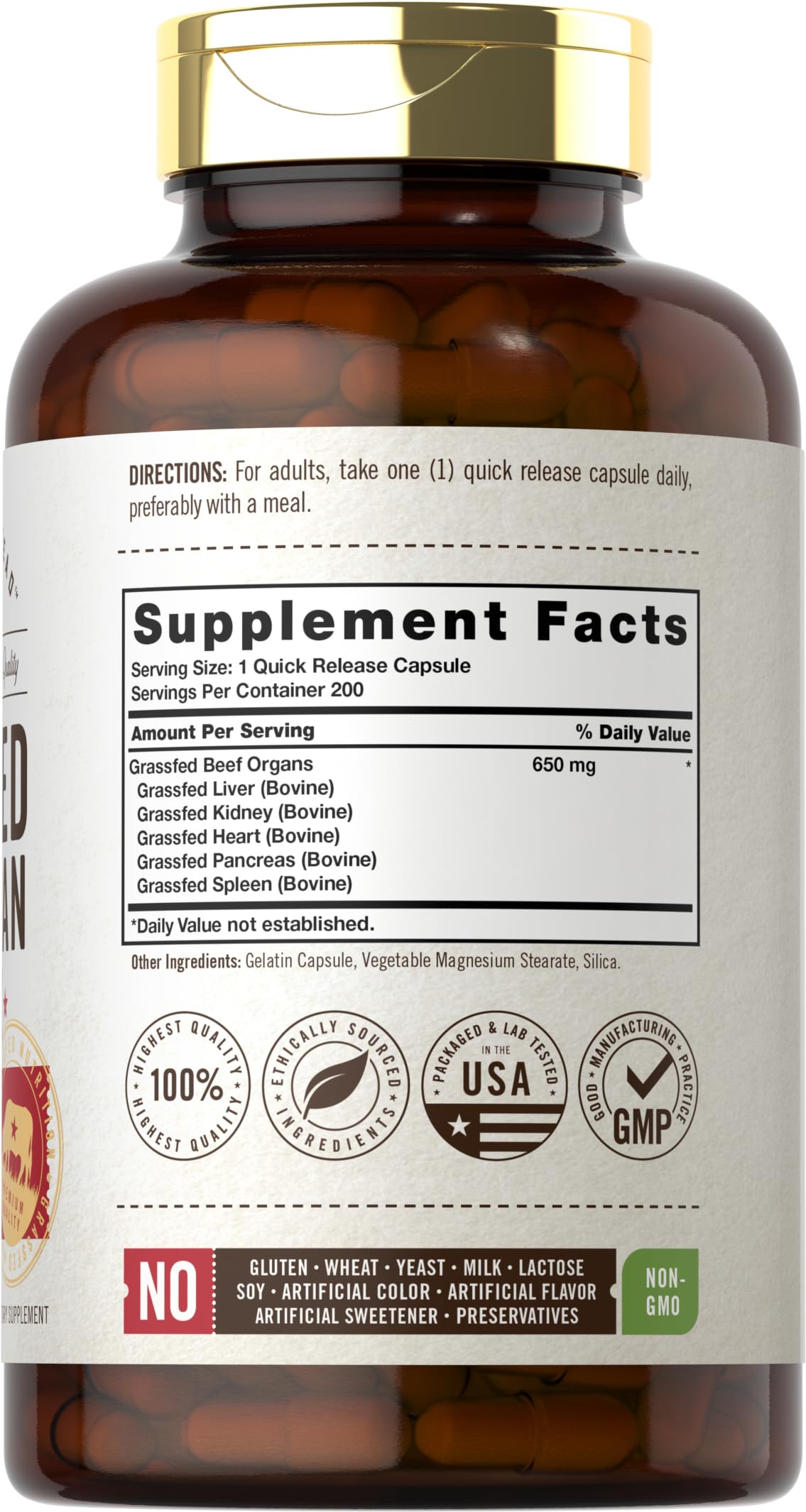 Carlyle Grass Fed Beef Organ Complex capsules close-up for easy daily use.