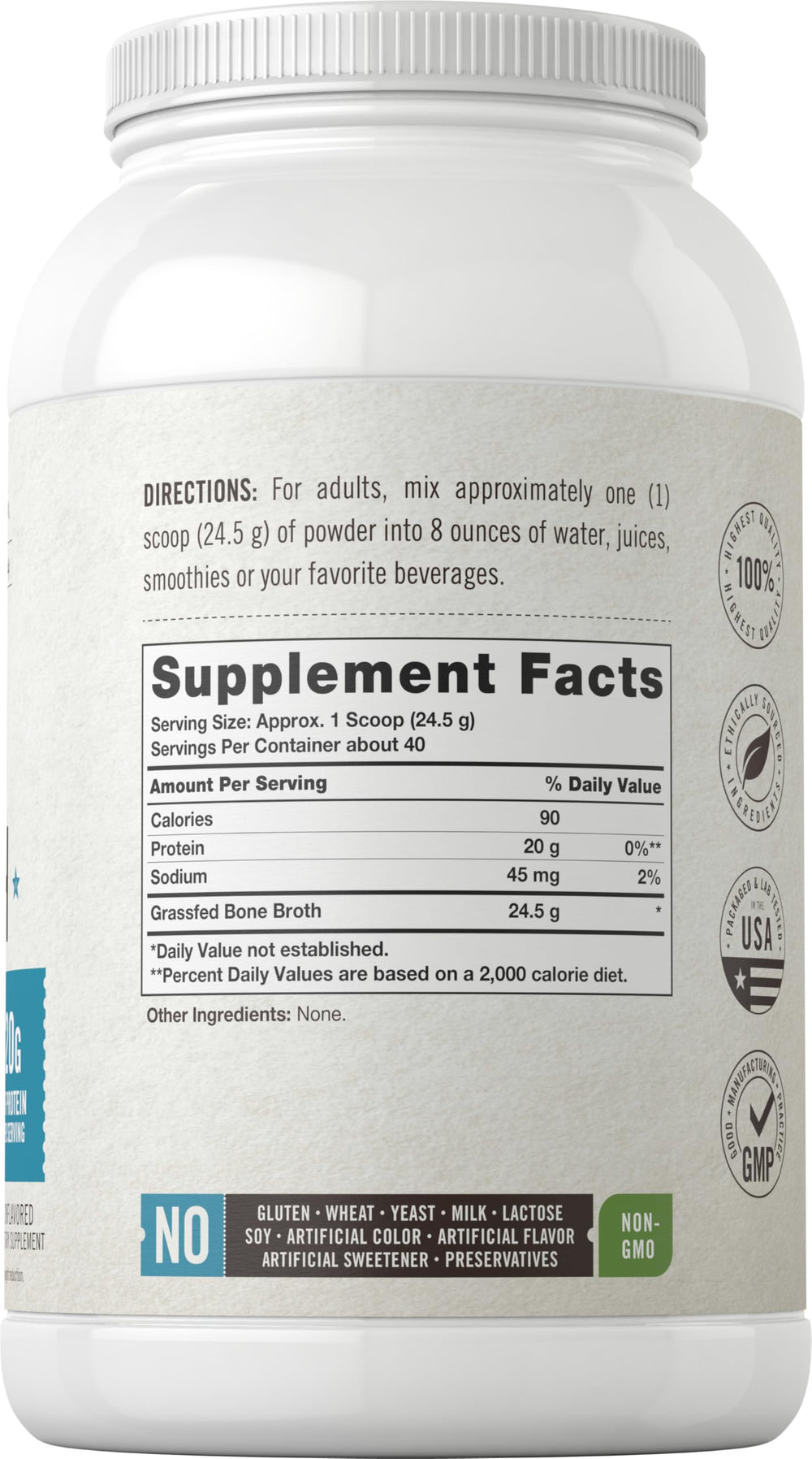 Carlyle bone broth protein powder scoop on table, ideal for measuring servings.