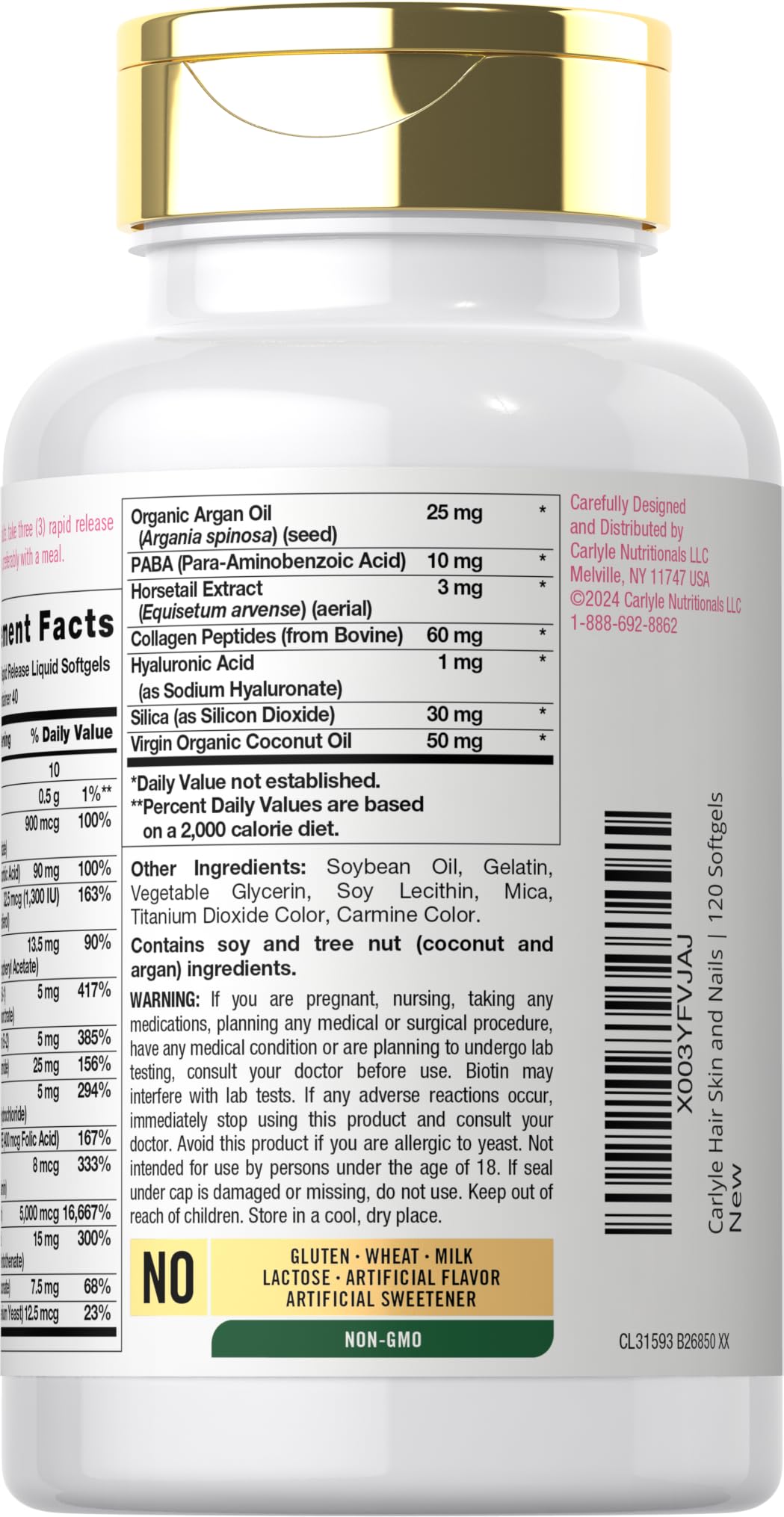 Carlyle Hair Skin & Nails label close-up showing gluten-free non-GMO formula
