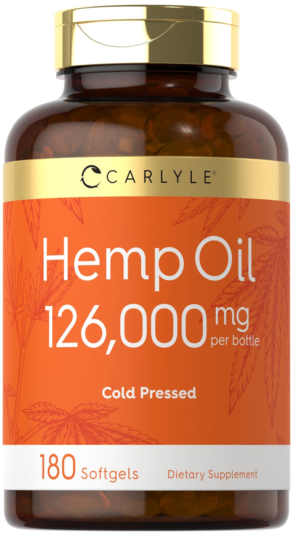 Carlyle Hemp Oil Capsules bottle front highlighting gluten-free and non-GMO.