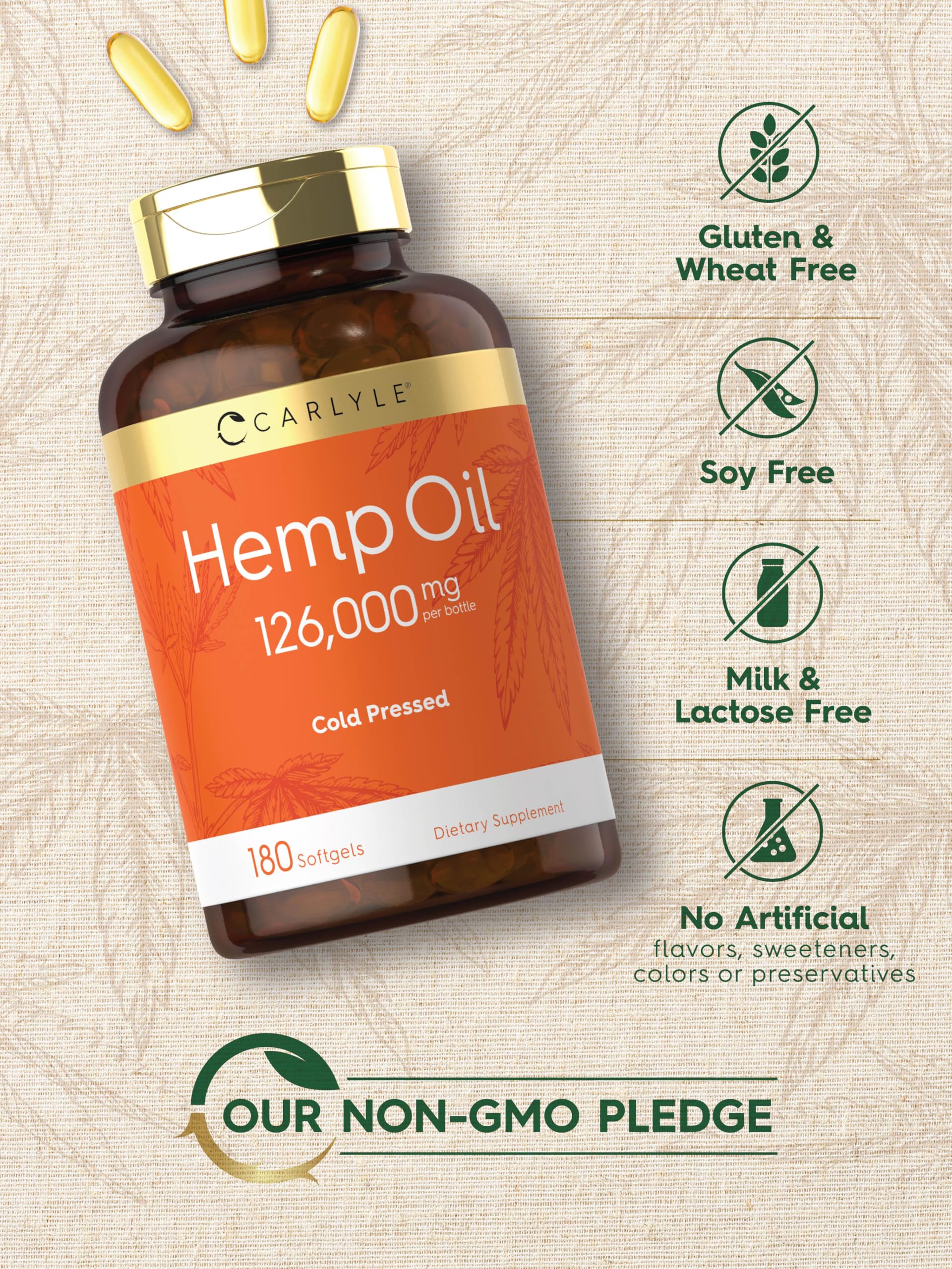 Carlyle Hemp Oil Capsules on shelf with non-GMO badge promoting trusted ingredients.