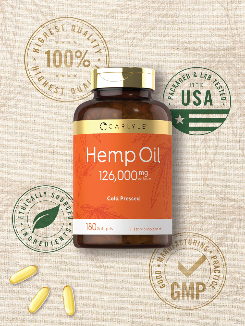 Carlyle Hemp Oil Capsules gluten-free badge on packaging highlighting allergen safety.