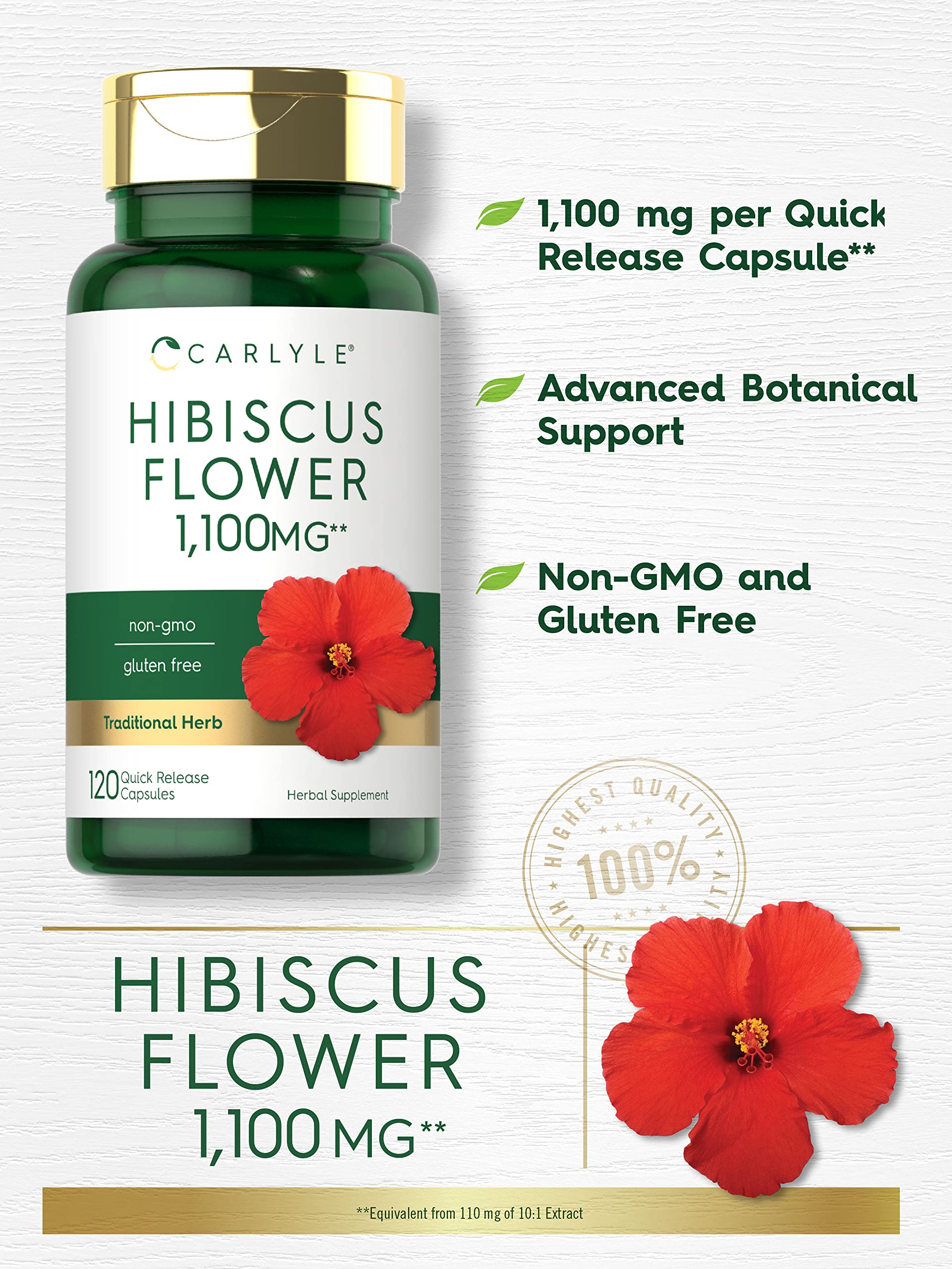 Close-up of Carlyle Hibiscus 1100 mg capsules highlighting potency.