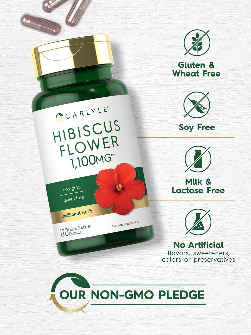 Front label of Carlyle Hibiscus shows lab-tested quality claim.