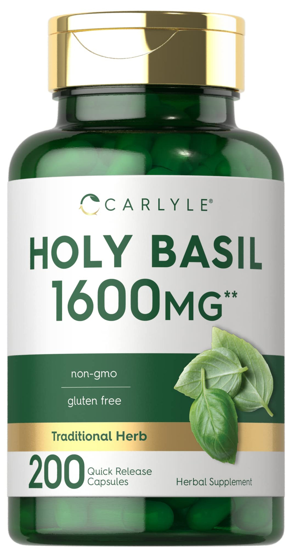 Carlyle Holy Basil capsules bottle showing 200-count and 1600 mg Tulsi extract for daily use