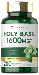 Carlyle Holy Basil capsules bottle showing 200-count and 1600 mg Tulsi extract for daily use