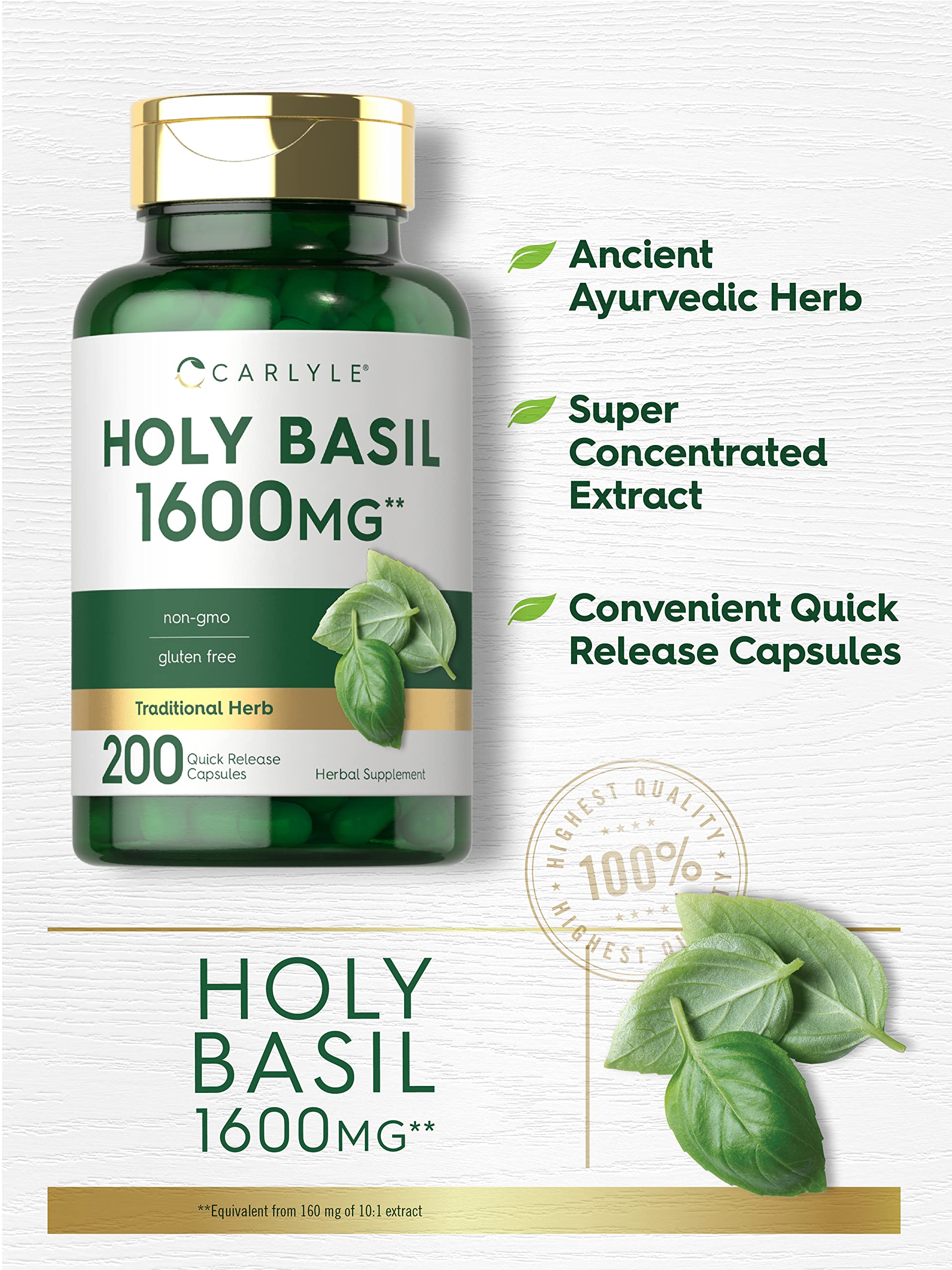 Carlyle Holy Basil capsules close-up on label emphasizing non-GMO, gluten-free