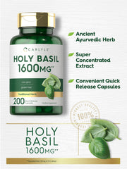Carlyle Holy Basil capsules close-up on label emphasizing non-GMO, gluten-free