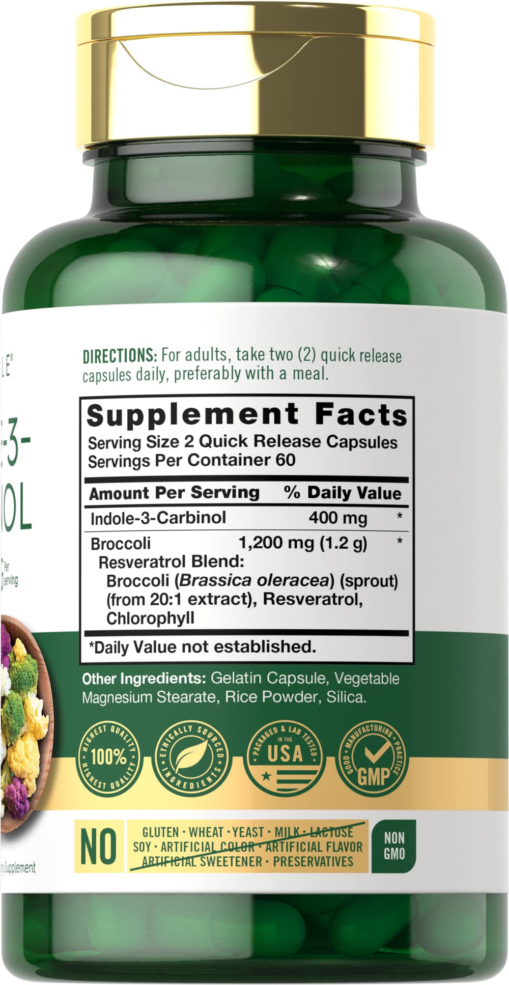 Carlyle I3C 400mg bottle label shows ingredients and allergen-free promise