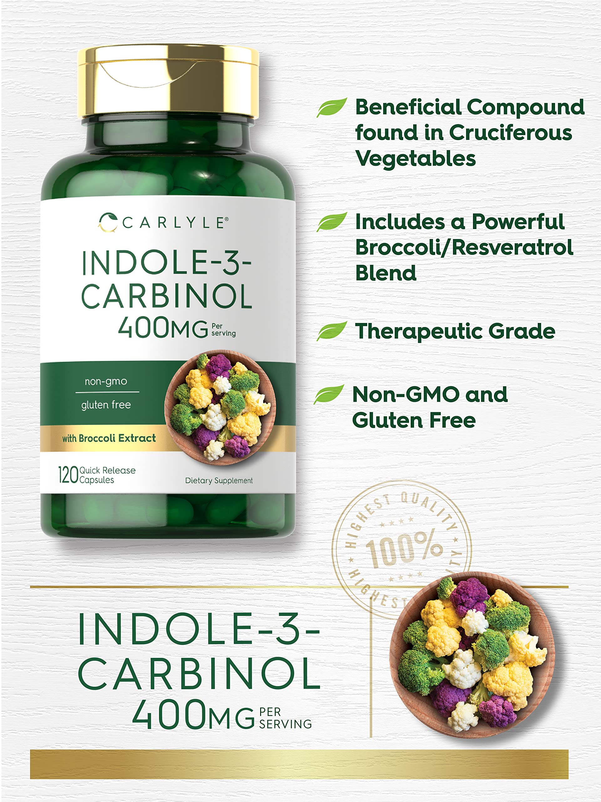 Carlyle I3C capsules pour indicating easy daily use and antioxidant support