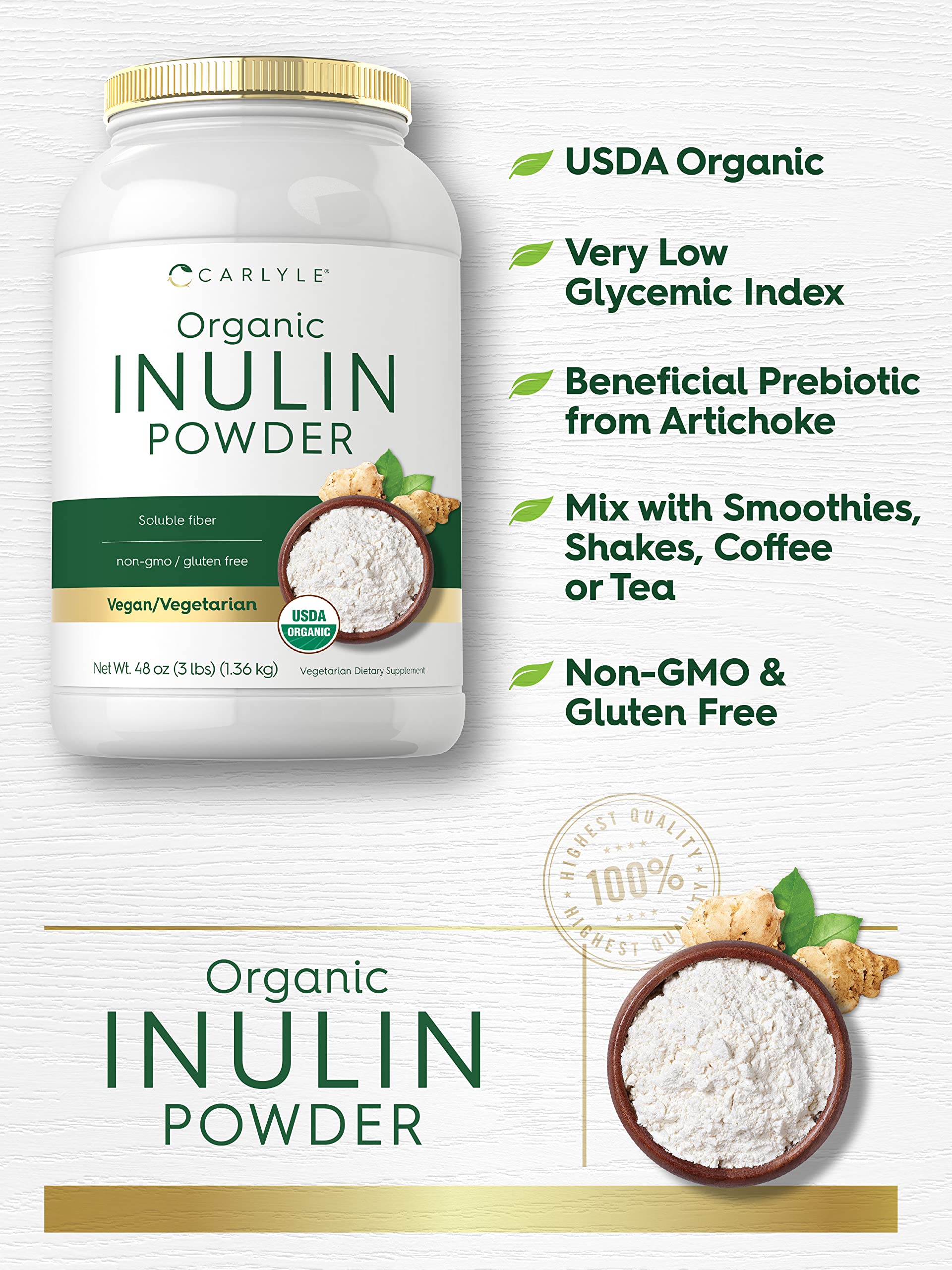 Carlyle Inulin Powder serving shows 3g soluble fiber per serving