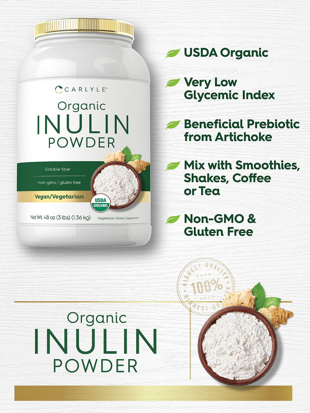 Carlyle Inulin Powder serving shows 3g soluble fiber per serving