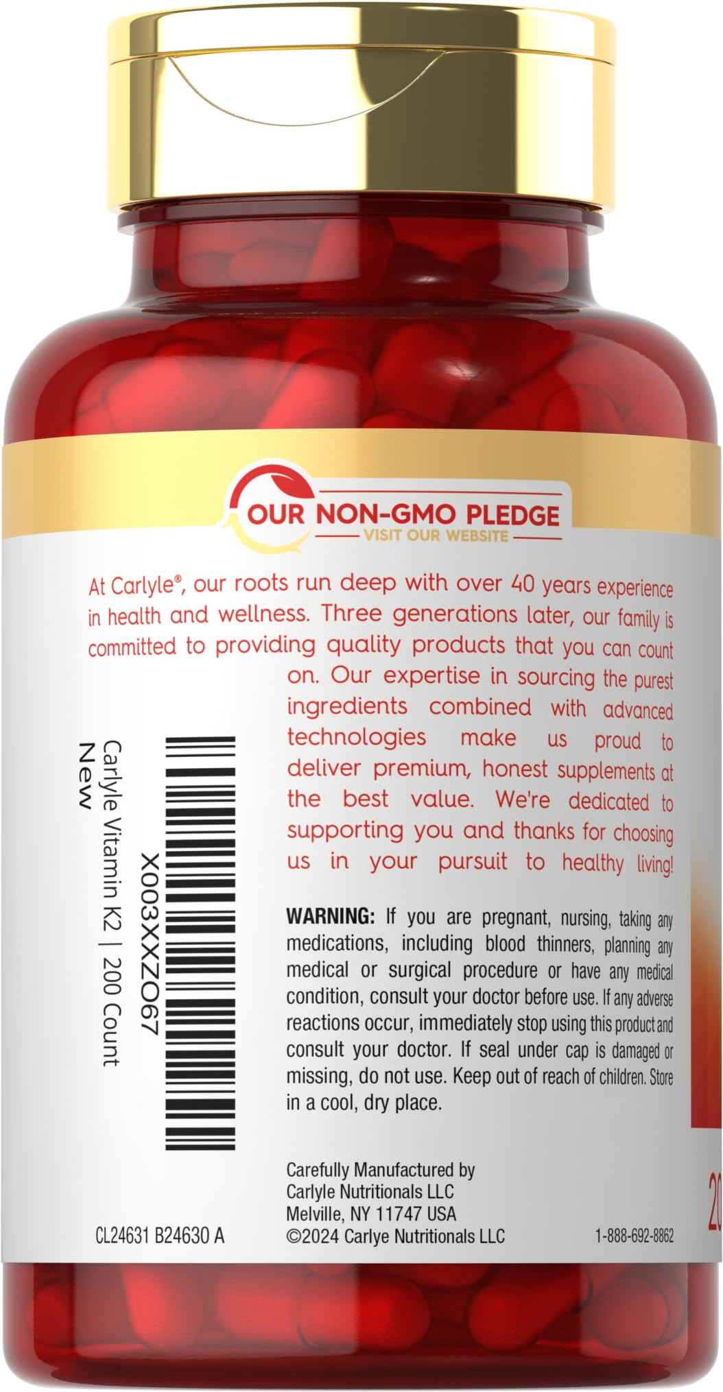 Carlyle K2 MK-7 label design emphasizes non-GMO and gluten-free attributes.