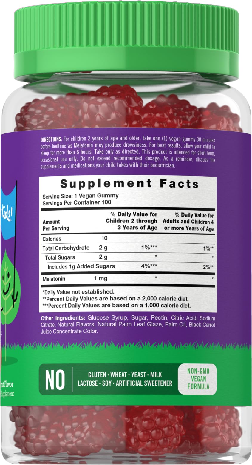 Carlyle Kids Melatonin Gummies label, vegan and non-GMO, family-friendly.