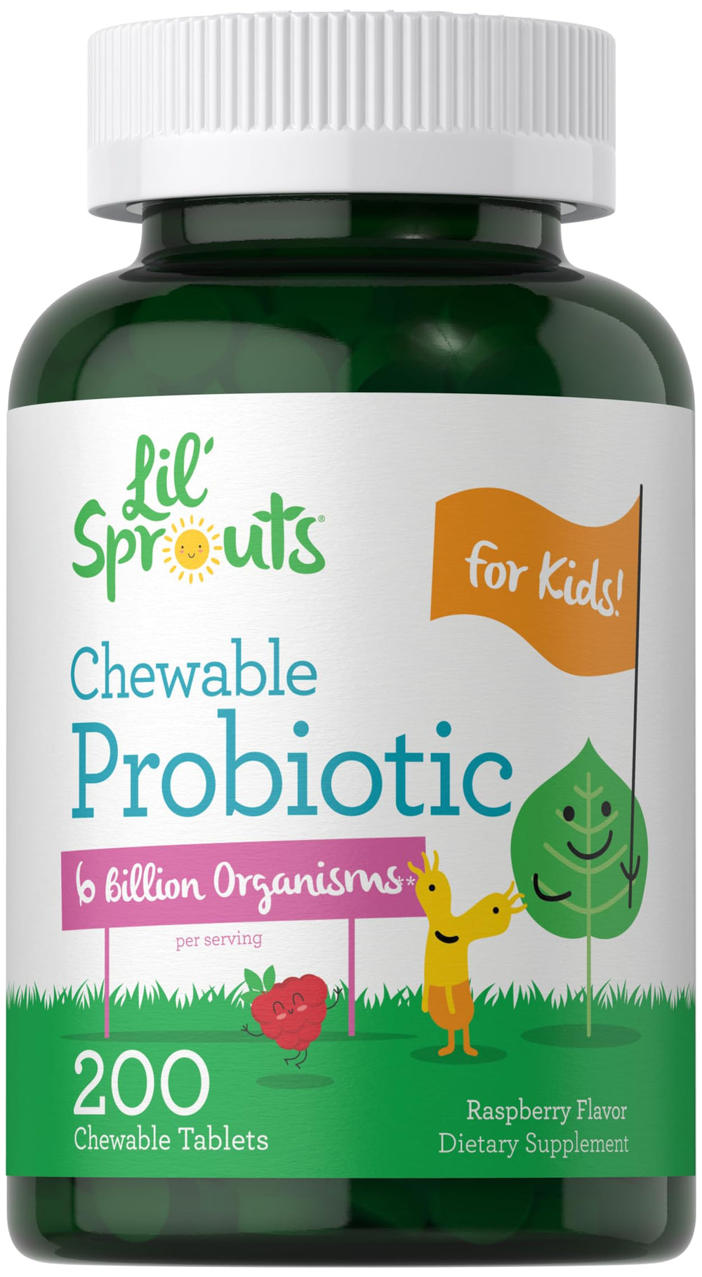 Carlyle Lil' Sprouts probiotics bottle front highlighting raspberry flavor for daily use.