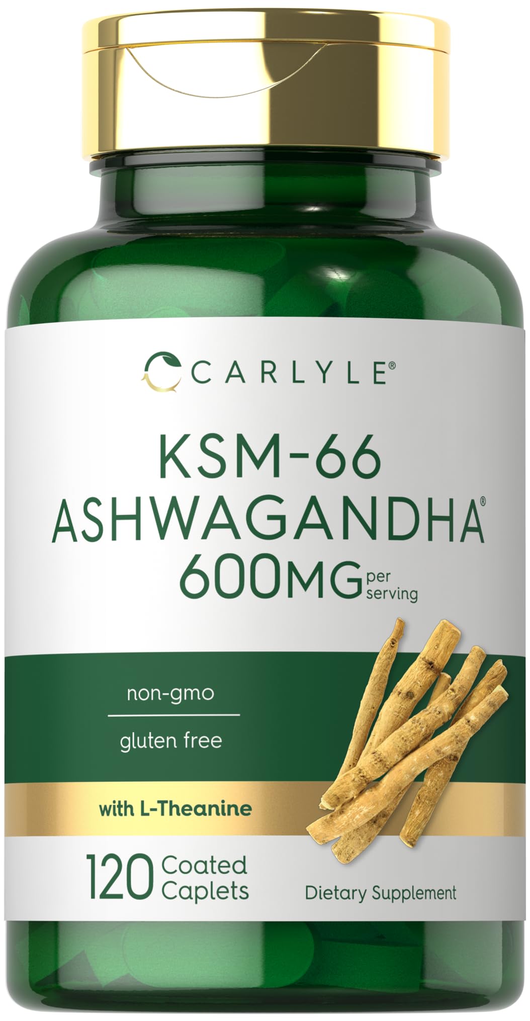 Carlyle KSM-66 Ashwagandha bottle shows 600 mg extract per serving for daily balance.