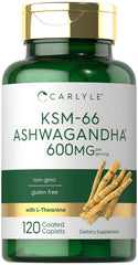 Carlyle KSM-66 Ashwagandha bottle shows 600 mg extract per serving for daily balance.