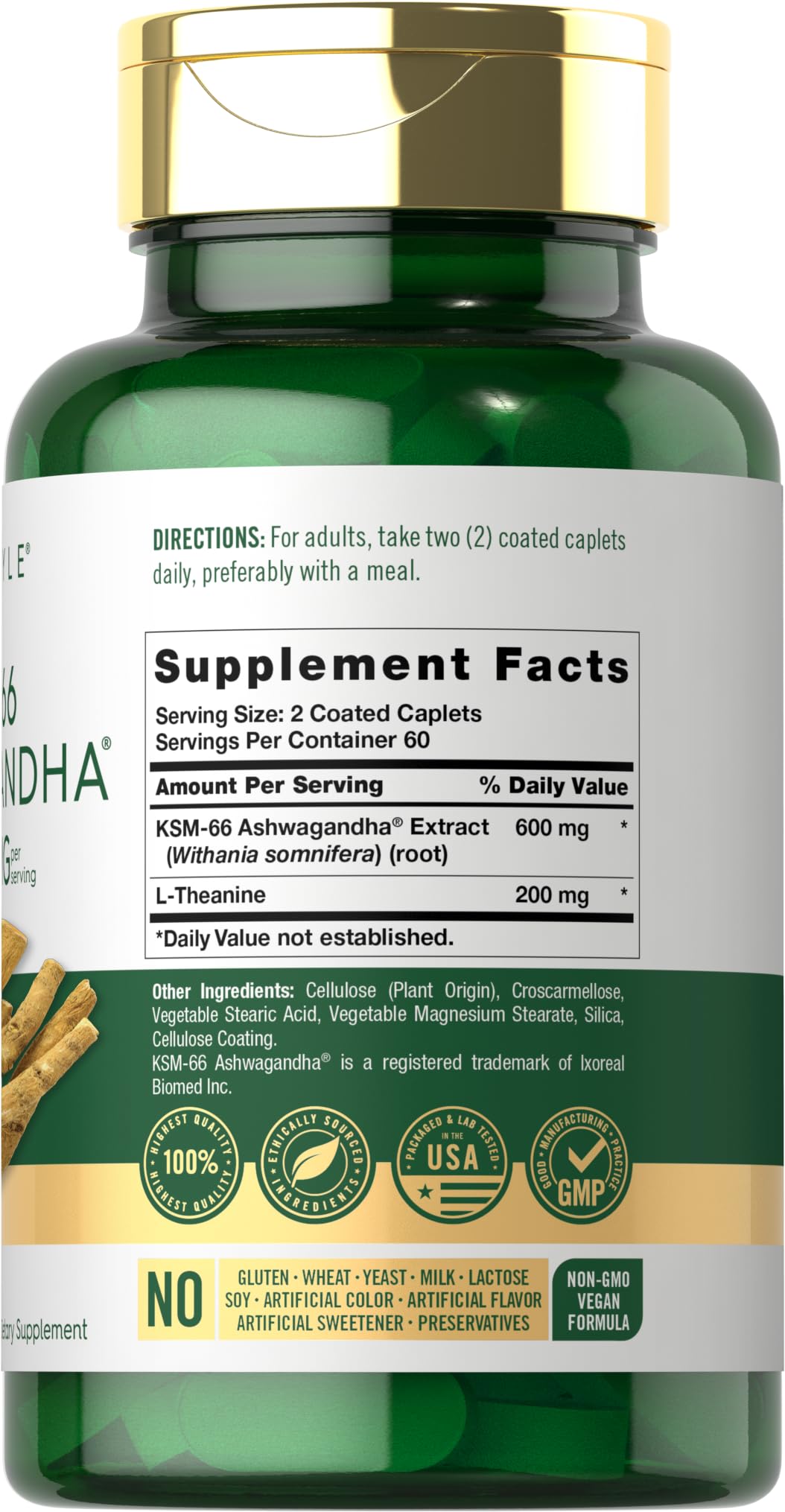 Carlyle KSM-66 Ashwagandha caplets emphasize vegan, non-GMO formula for daily use.
