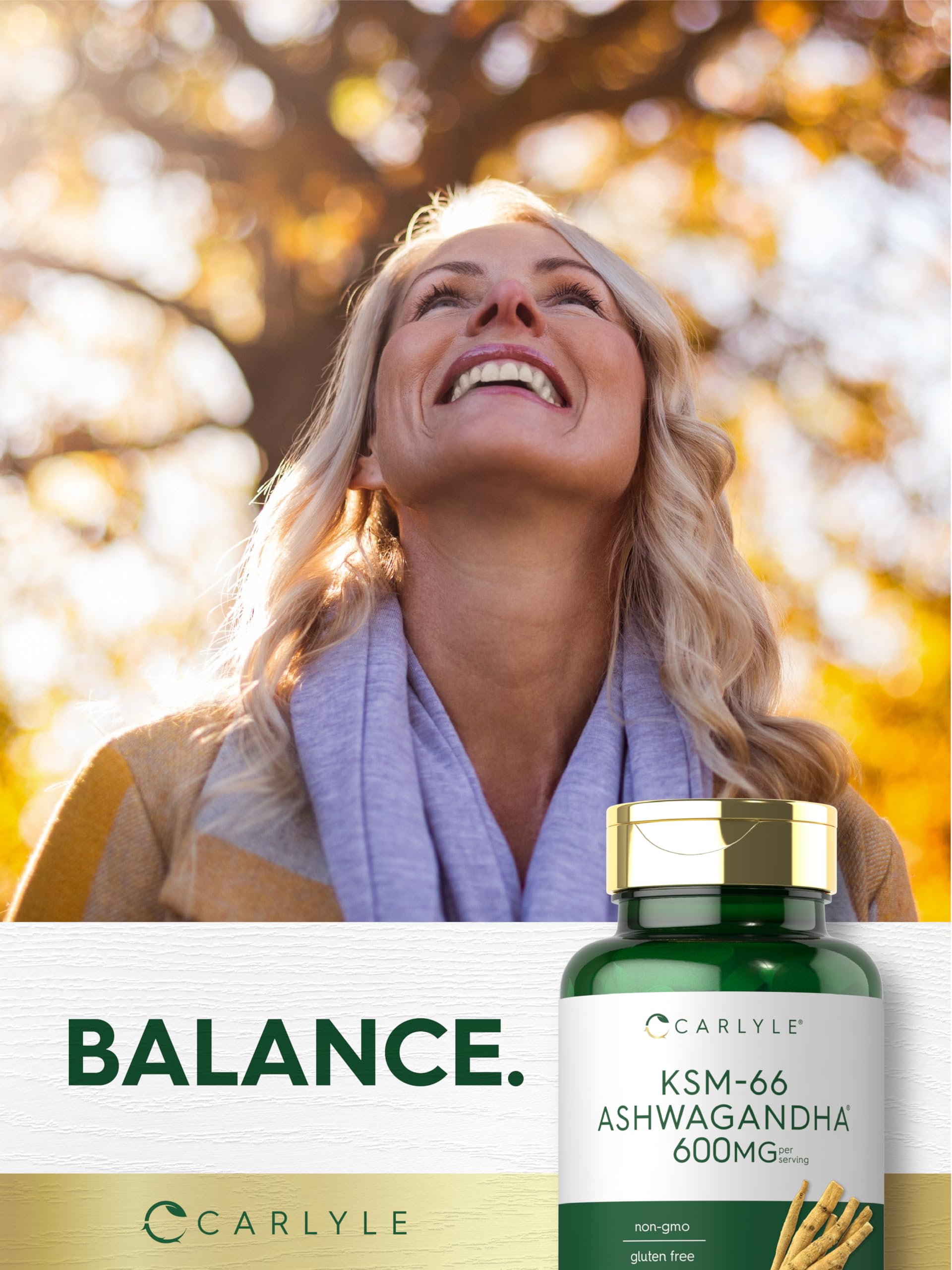 Bottle stack image communicates ample supply for multiple weeks.