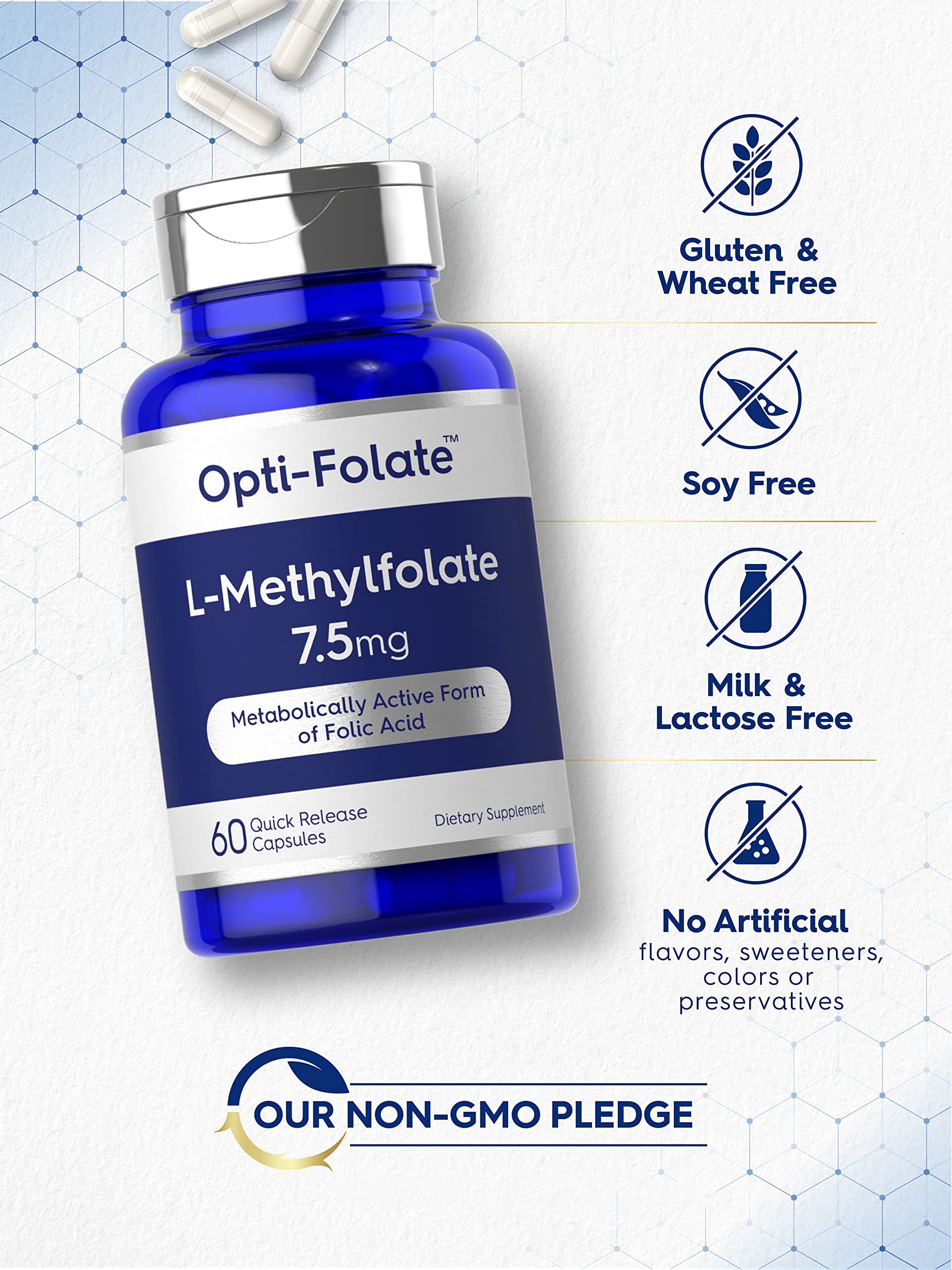 Carlyle L-Methylfolate glass bottle on table in a daily wellness setting