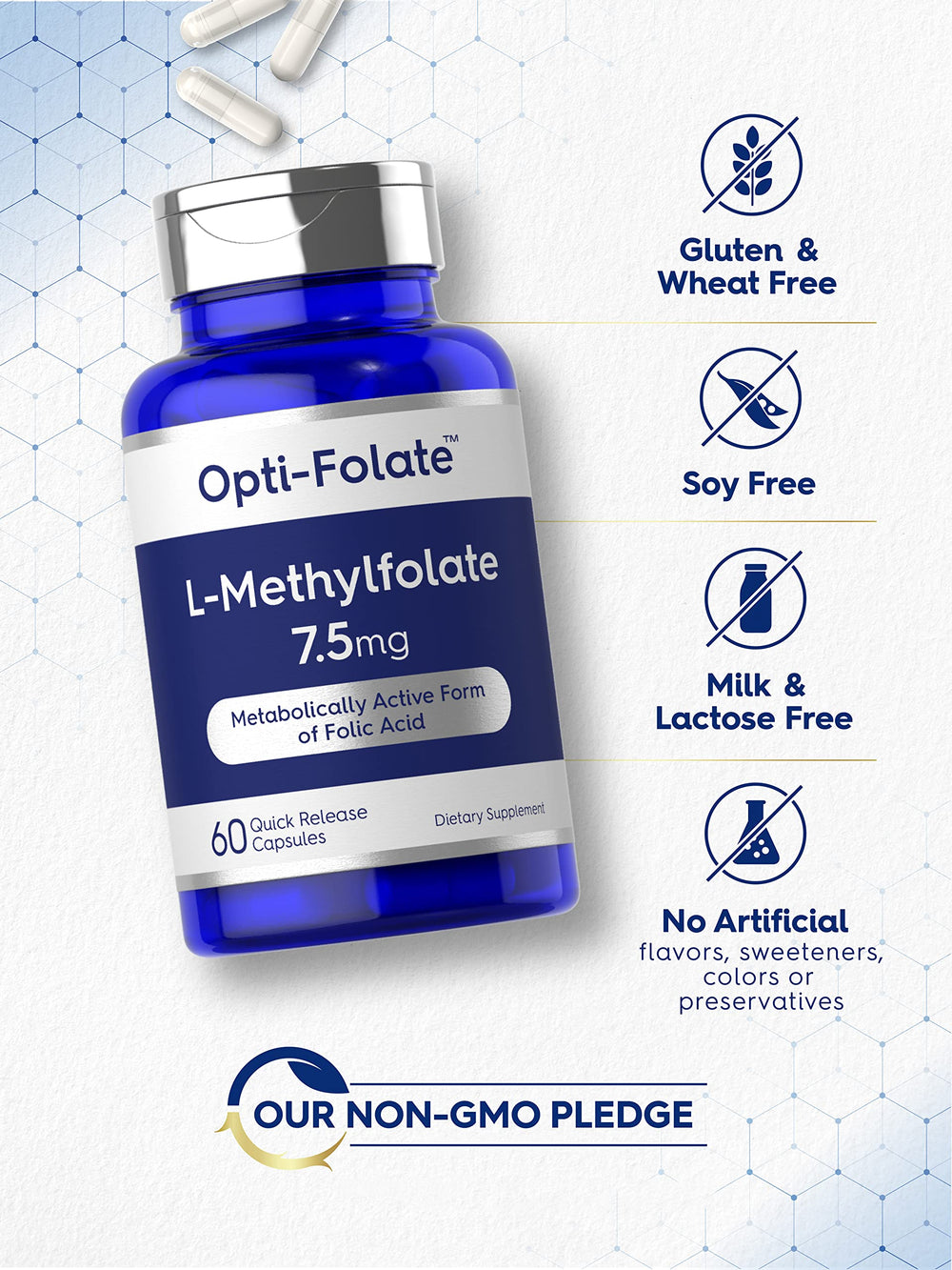 Carlyle L-Methylfolate glass bottle on table in a daily wellness setting